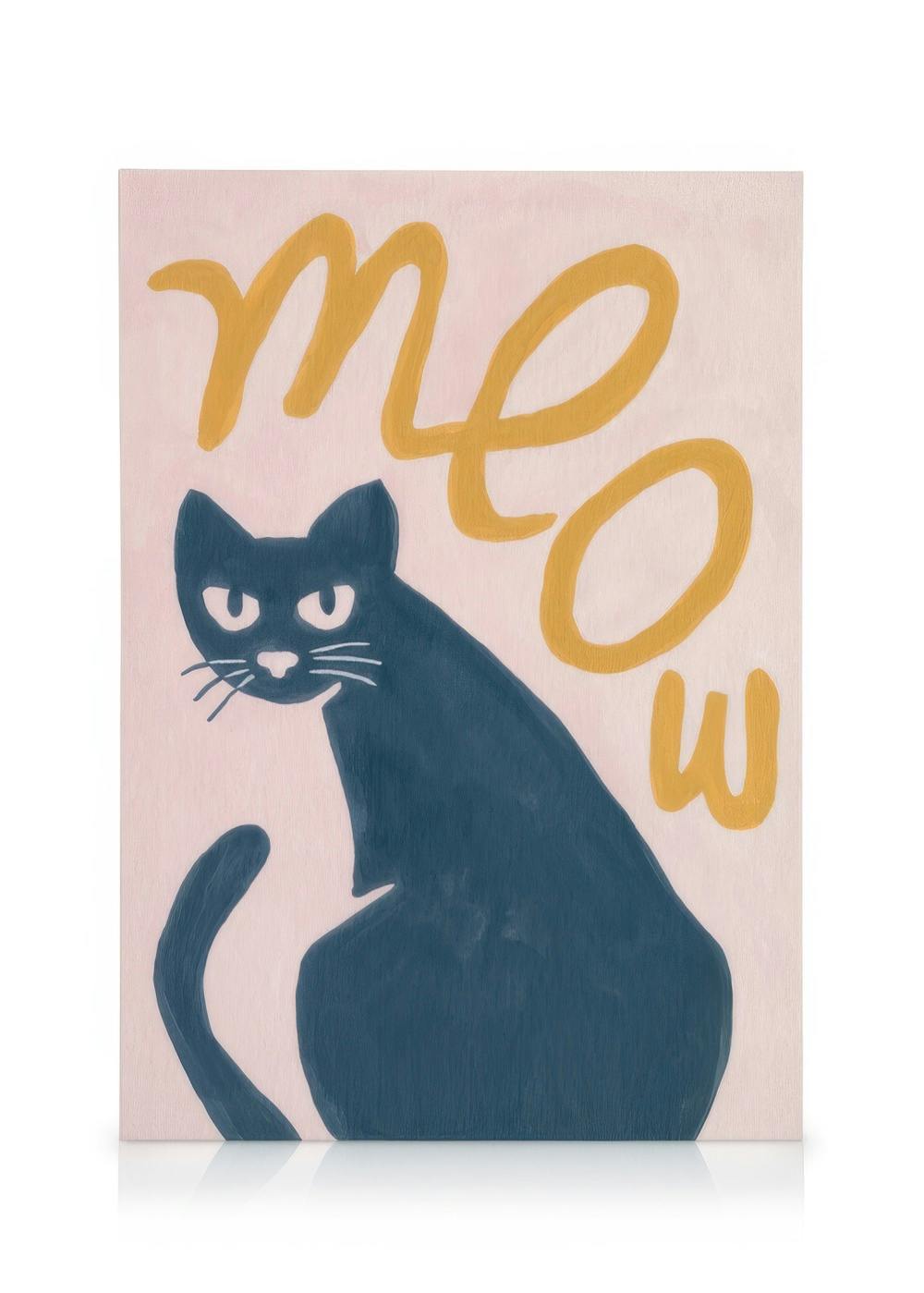 Toile avec dessin de chat bleu foncé et le texte Meow doré sur fond rose poudré, style ludique.