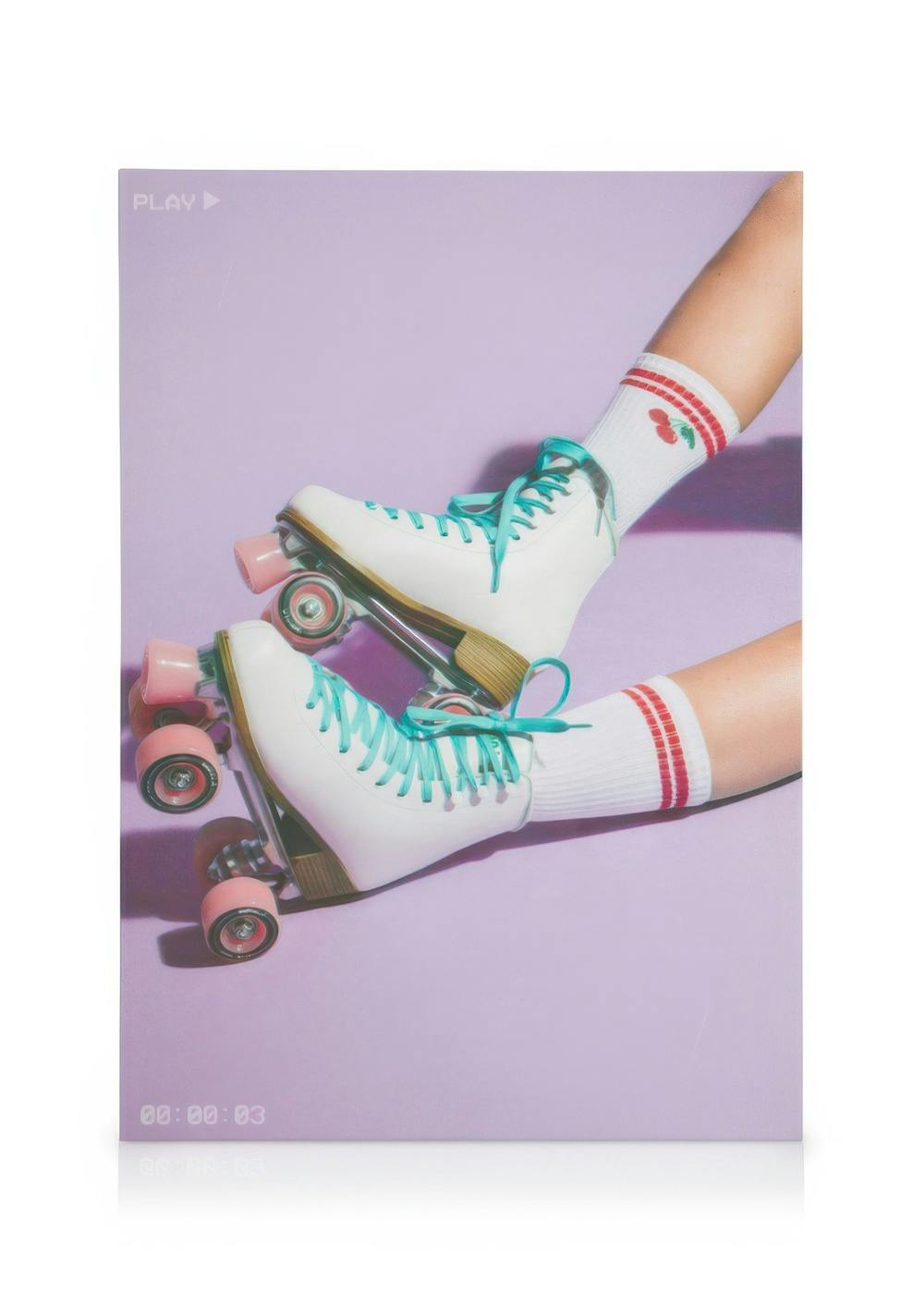 Retro roller skates with teal laces and pink wheels on a purple background, a play icon in the corner.