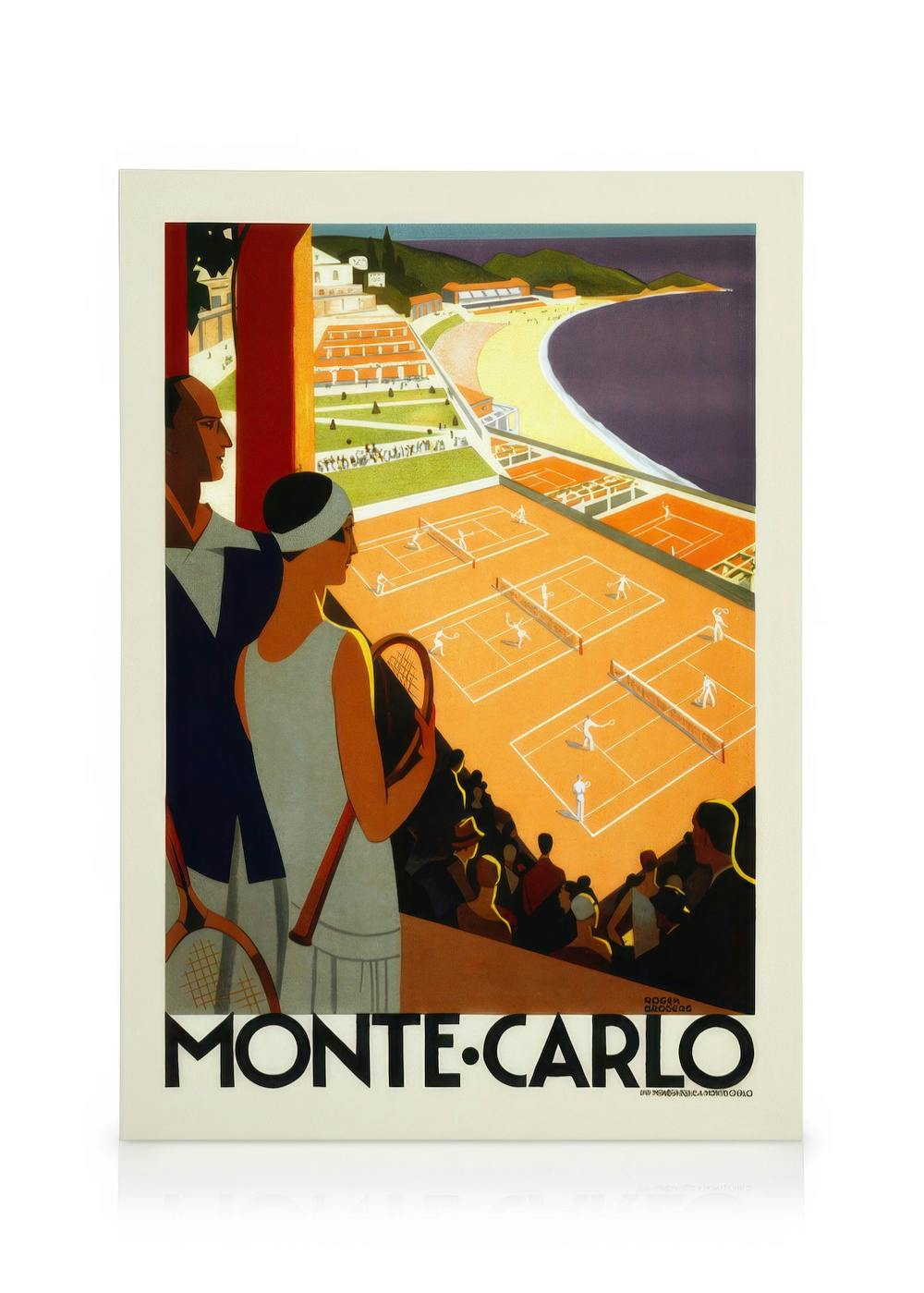 Stampa vintage Art Déco Monte Carlo, uomo e donna con racchette da tennis, campi da tennis, spiaggia, colori rosso, arancione, b