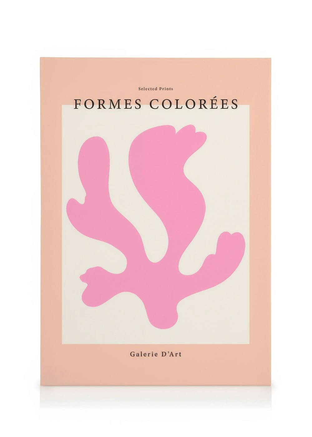 Pink organic shapes on a light beige background within a peach border, featuring the text FORMES COLORÉES.