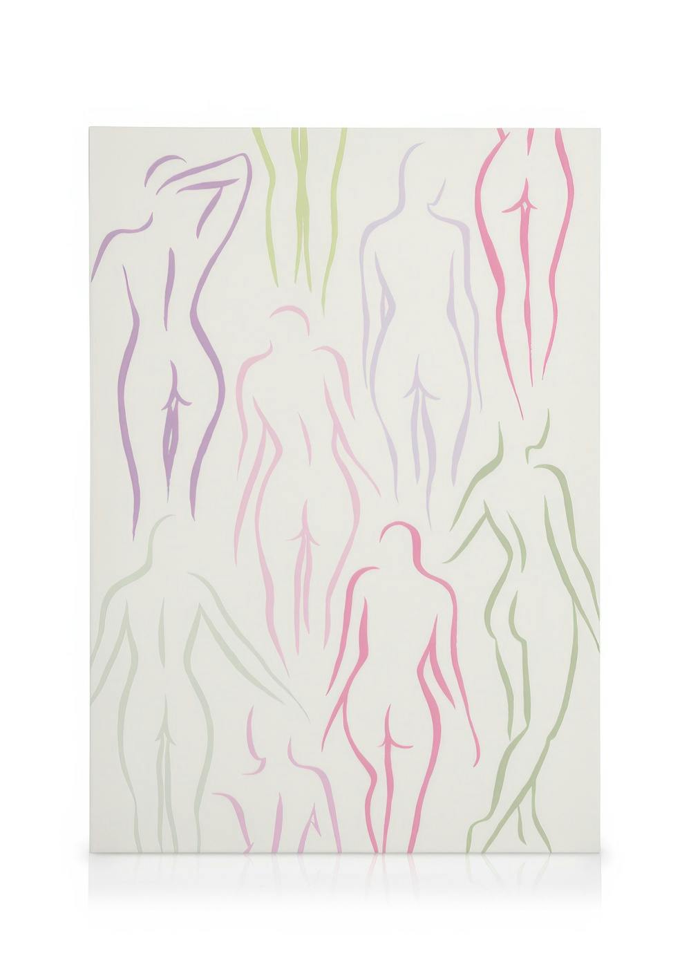 Leinwandbild mit Umrissen nackter Frauen in Grün, Rosa und Lila auf hellem Hintergrund, abstrakt.