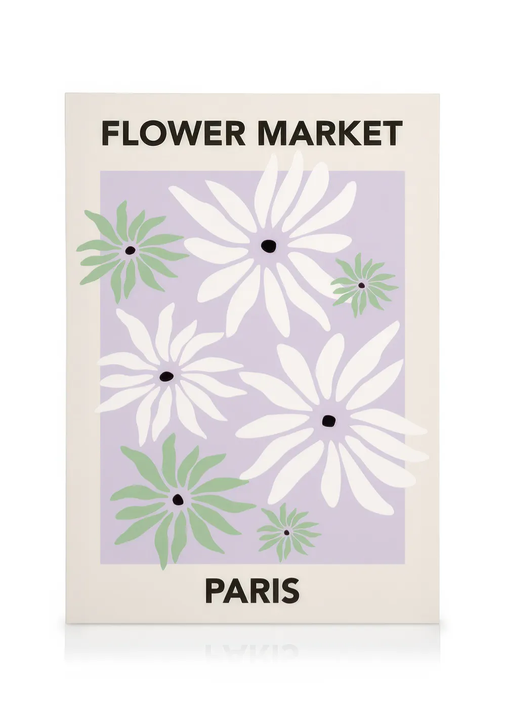Lærred med illustrerede hvide og grønne blomster på lilla baggrund, med teksten FLOWER MARKET PARIS i sort skrift.