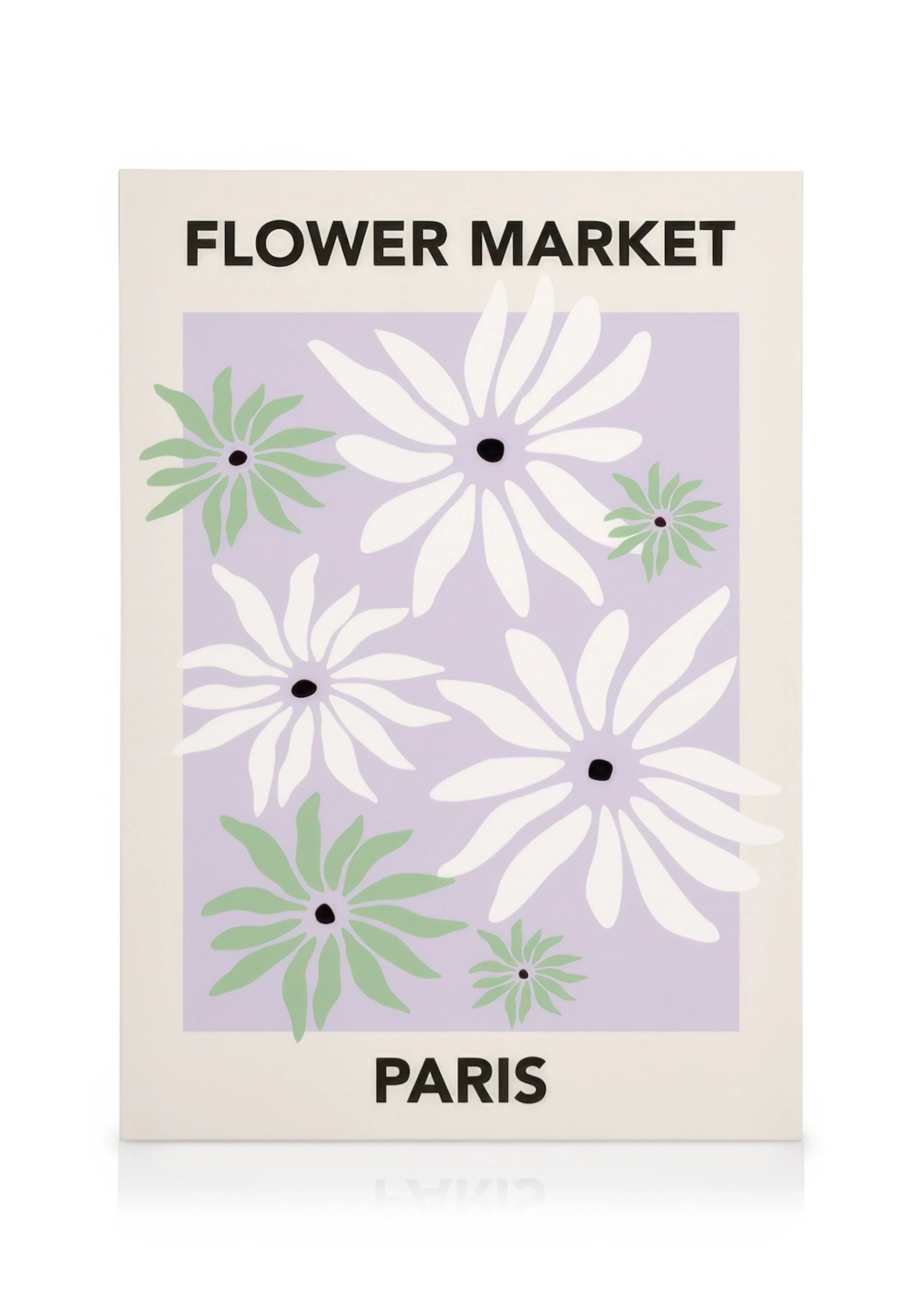 Lærred med illustrerede hvide og grønne blomster på lilla baggrund, med teksten FLOWER MARKET PARIS i sort skrift.