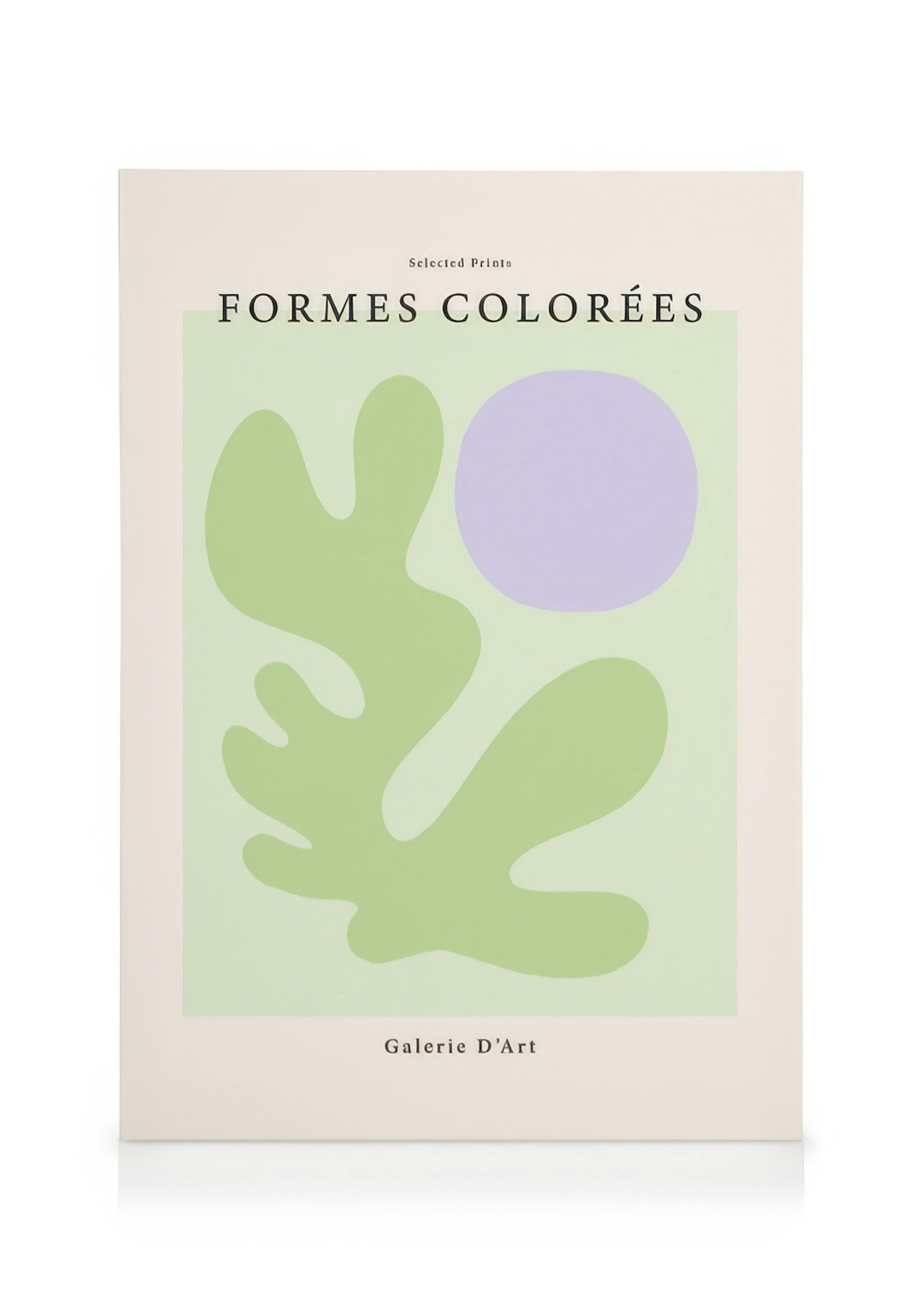 Tela com forma abstrata verde e círculo roxo em fundo bege. Arte de parede de inspiração Matisse.