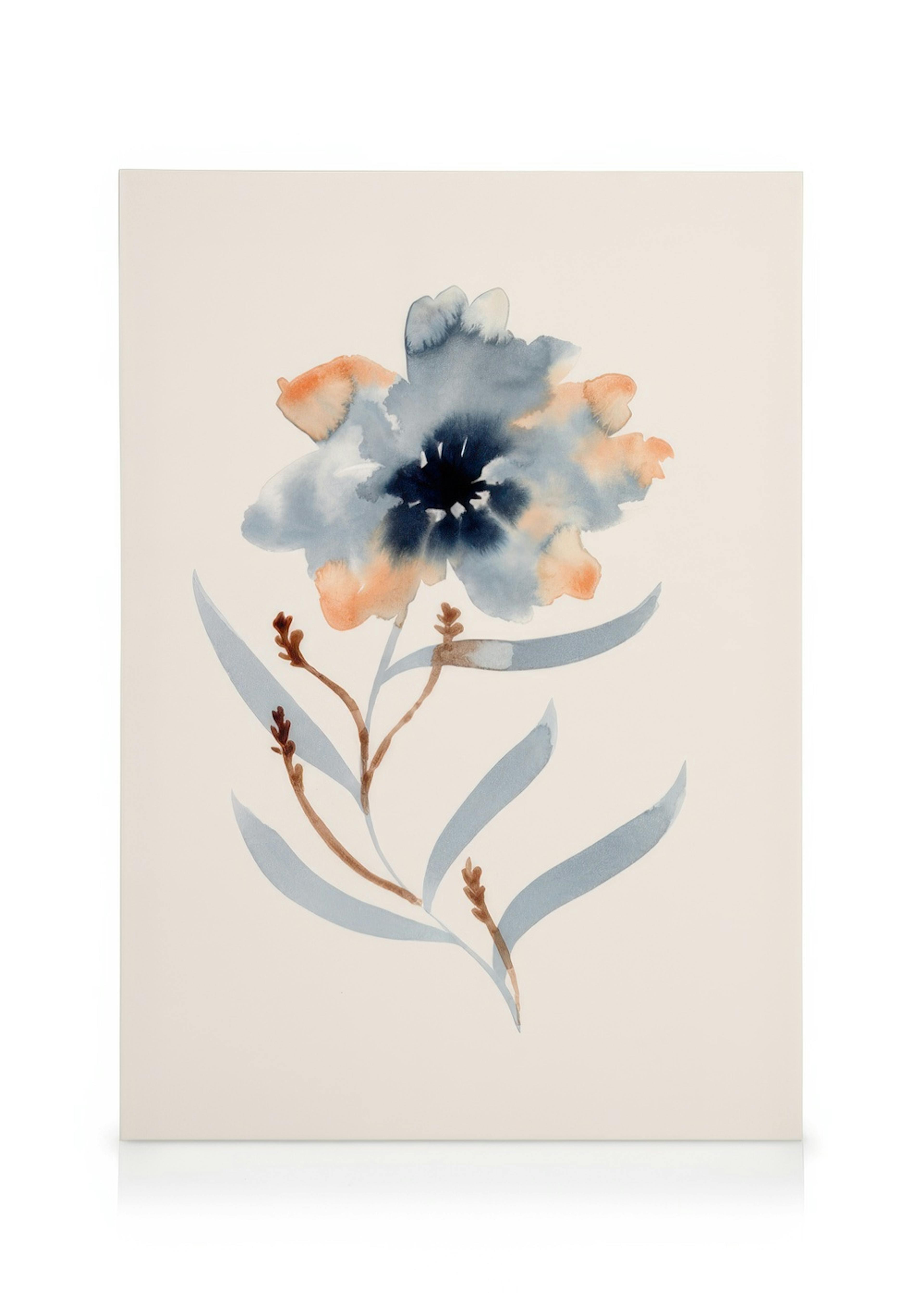 Vattenfärgsmålning av en blåblommande blomma med bruna stjälkar och blågröna blad på en beige bakgrund, konstcanvas.