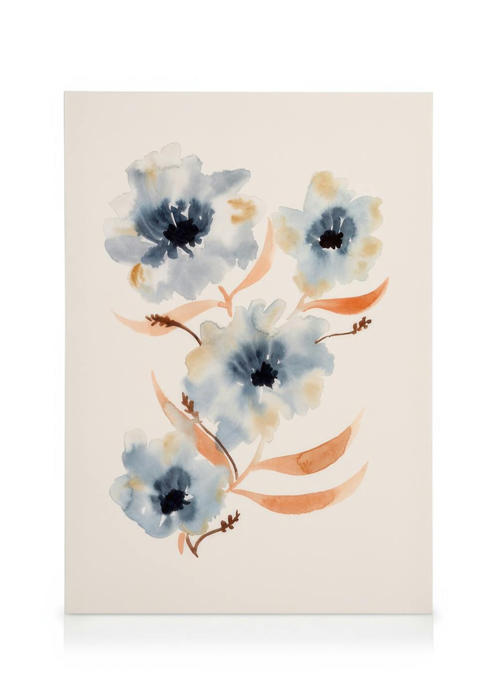 Earthy watercolor canvas with blue and beige flowers, dark centers, and earthy orange-brown leaves, on a light background.