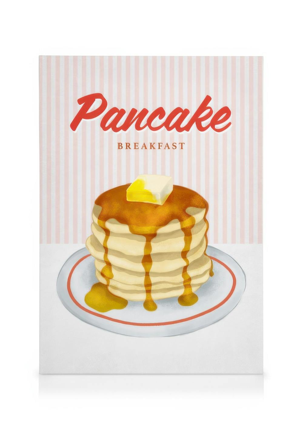 Toile de pancake art avec pile de pancakes, beurre et sirop dérable sur assiette rayée, typographie Pancake Breakfast.