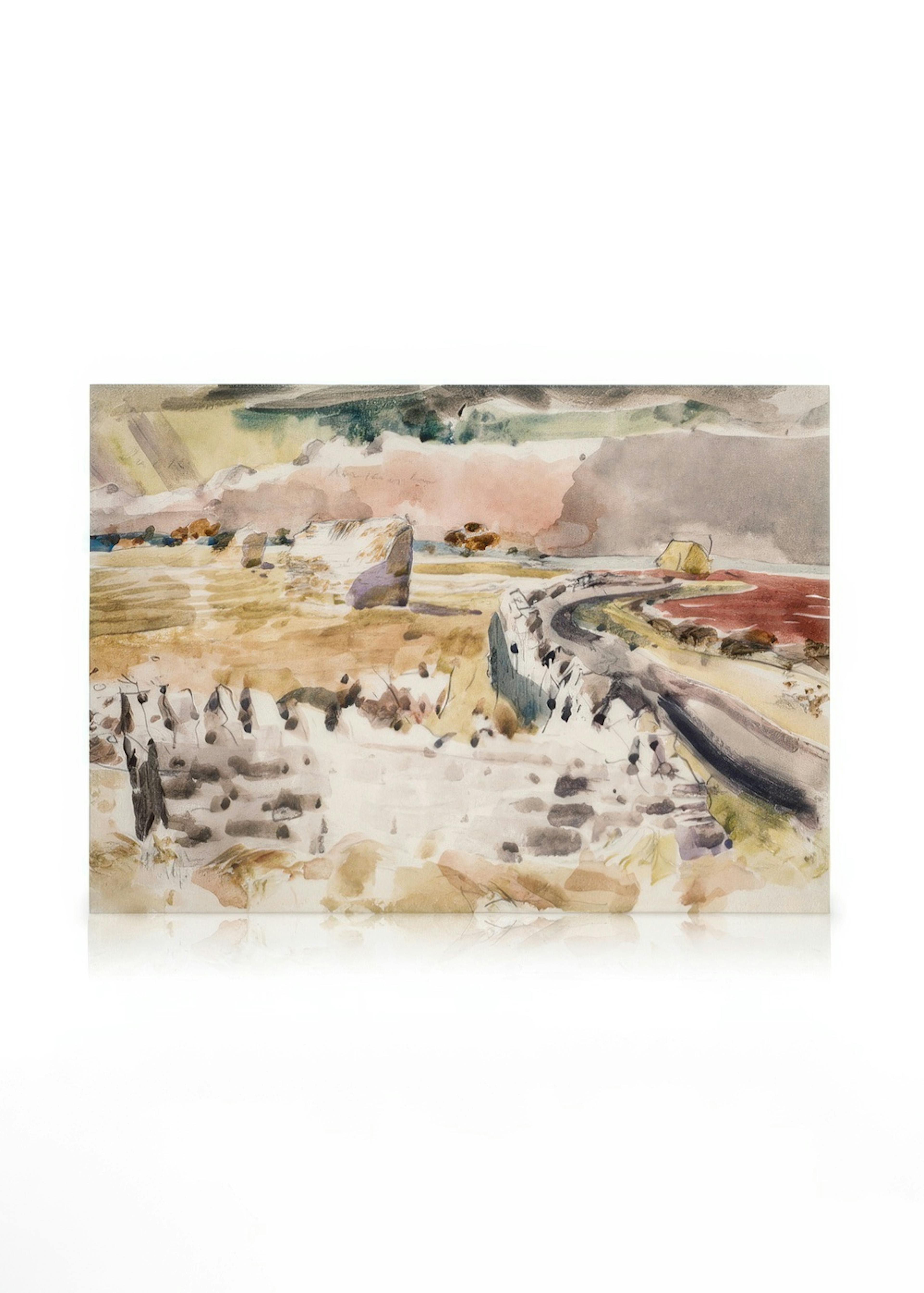 Paul Nash Oxfordshire Landscape lærred, et akvarelmaleri af et landskab med en vej og marker under en dramatisk himmel.