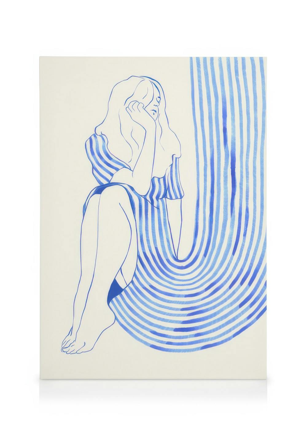 Blue Dress Canvas, featuring a woman in a striped blue dress with wavy hair, in a modern line art style.