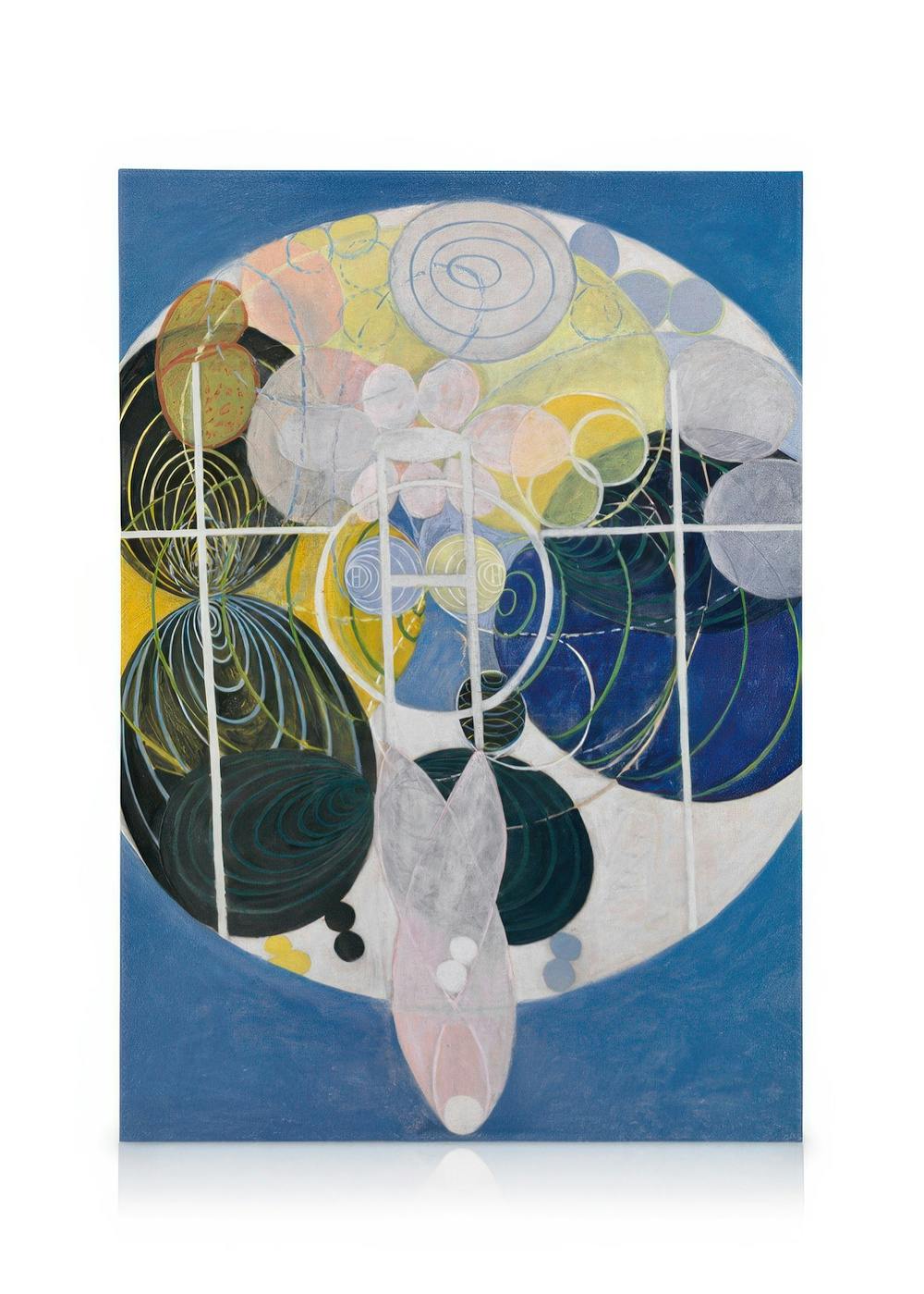 Abstraktes Hilma af Klint Leinwandbild mit überlappenden Kreisen und Linien in Blau, Gelb und Grau.