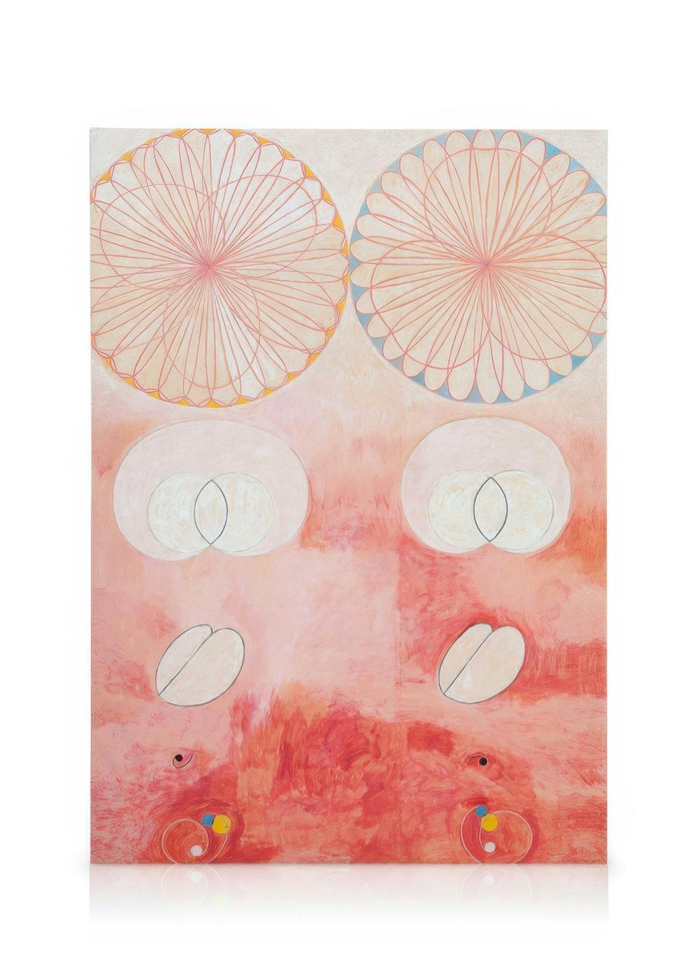 The Ten Largest No. 9 - Old Age by Hilma af Klint, a symmetrical abstract painting with geometric shapes in pink, white, and red