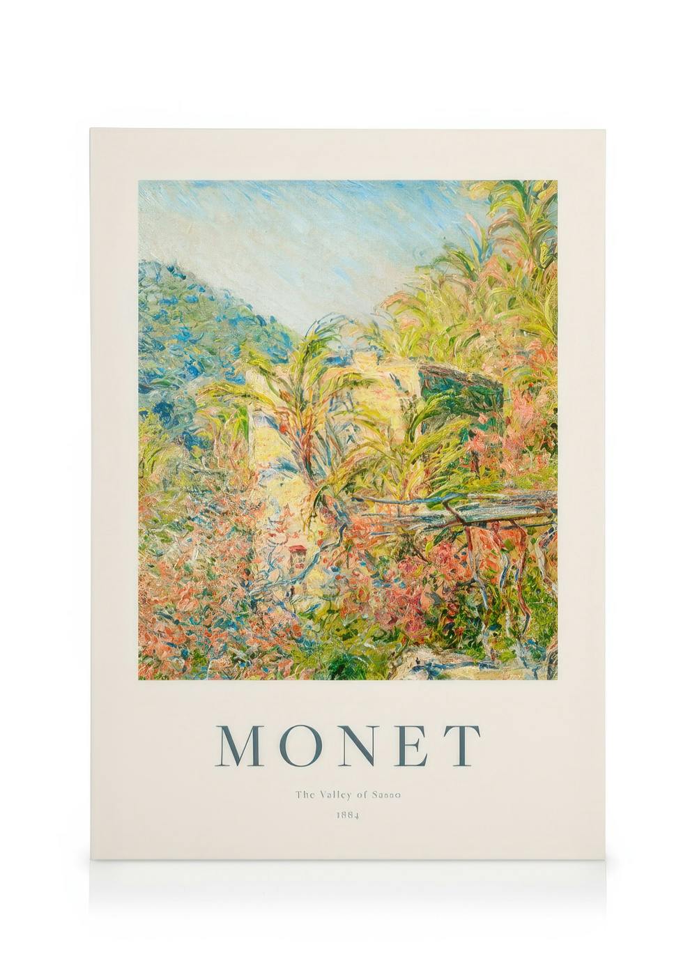 Toile Monet, peinture du paysage The Valley of Sasso avec des couleurs vives, feuillage luxuriant et typographie du nom de larti