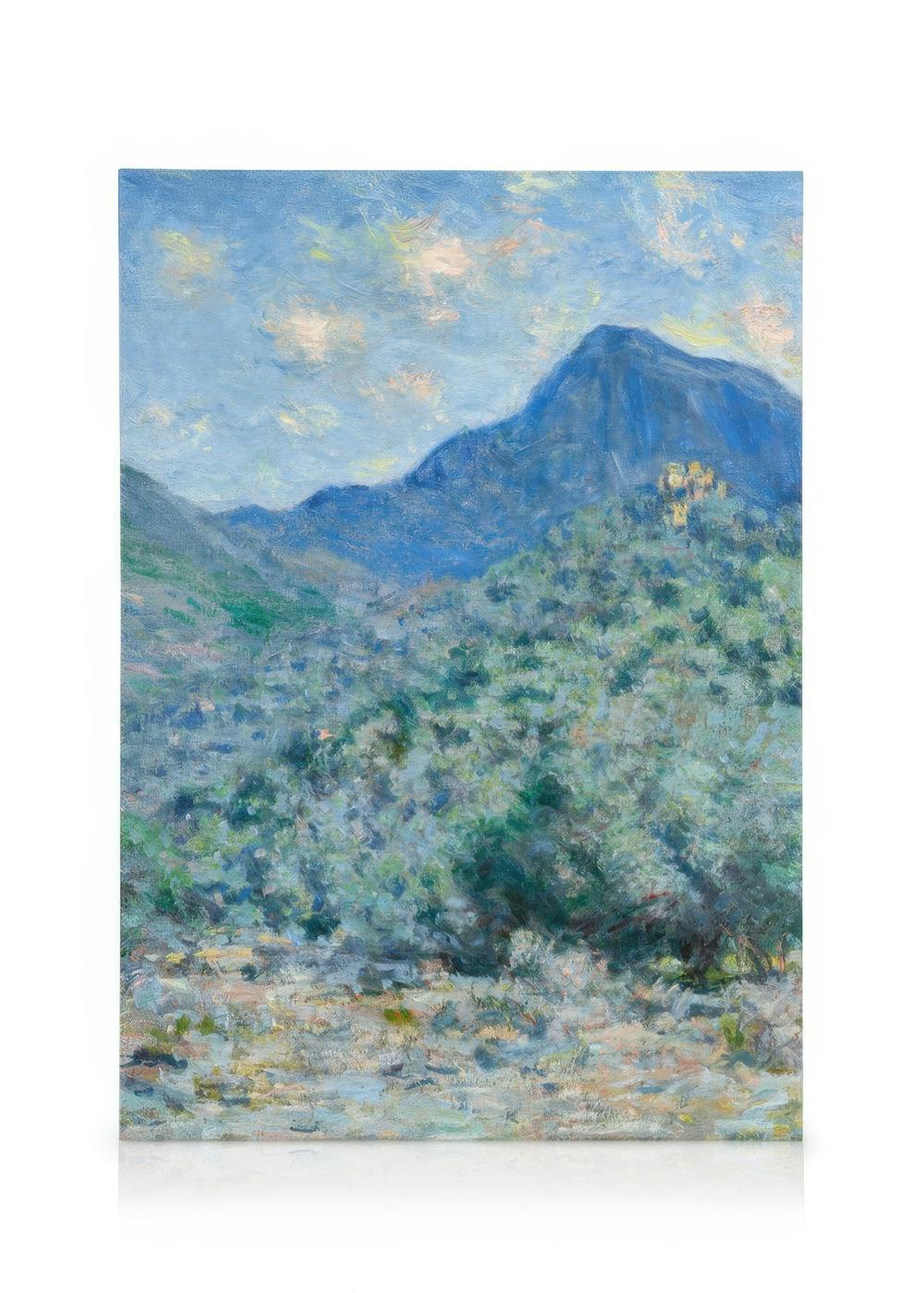 Monets Valle Buona painting, a blue mountain landscape with green vegetation and a light blue sky with white clouds.