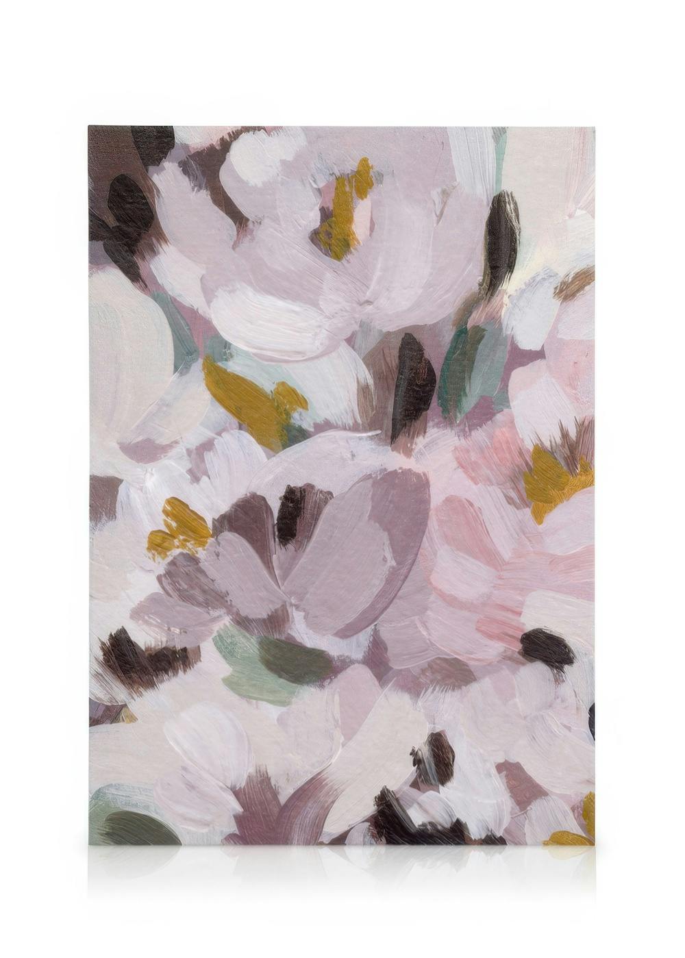 Abstraktes Blumen-Leinwandbild mit breiten Pinselstrichen in Rosa, Grün, Braun und Goldtönen, impressionistischer Stil