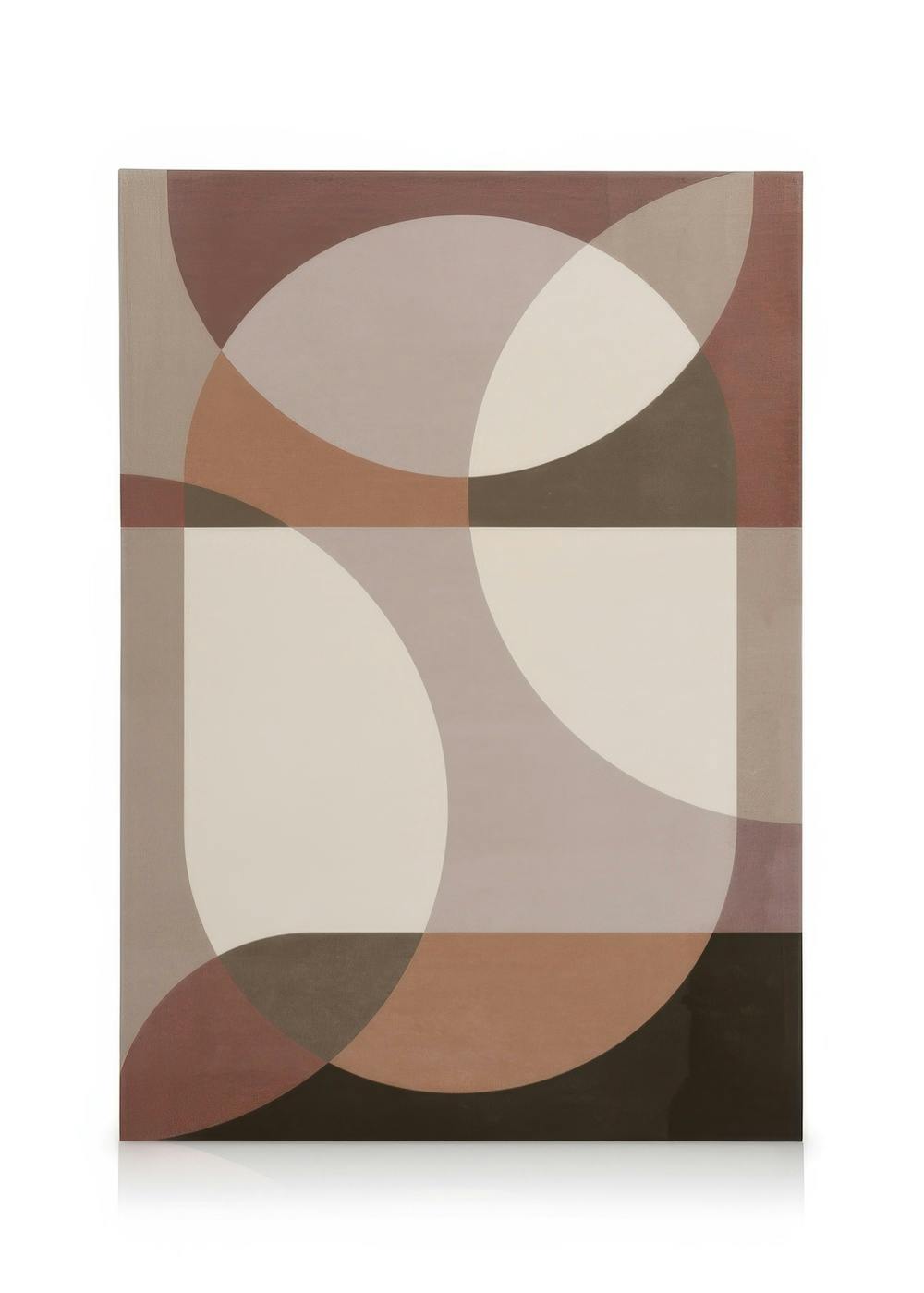 Obraz na płótnie z geometrycznymi kształtami, przecinające się koła i prostokąty w kolorach beżowym, brązowym i szarym.