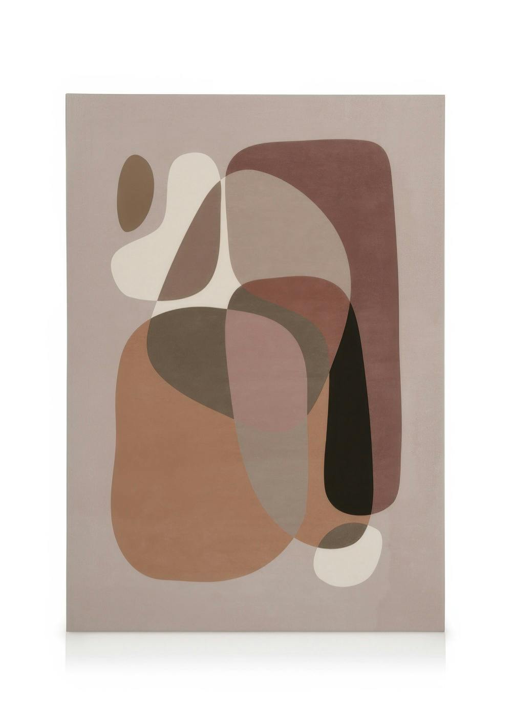 Lienzo abstracto con formas orgánicas superpuestas en tonos tierra: marrón, beige, granate y negro, con blanco cremoso, creando