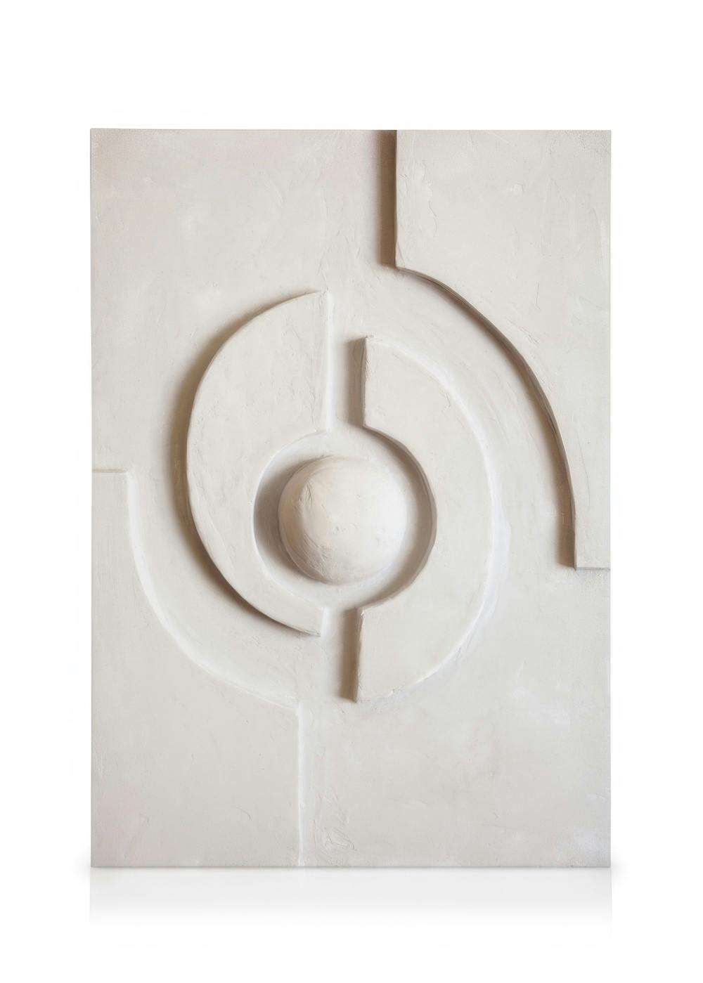 Beige textured canvas art with abstract curved lines and a central sphere, modern wall decor