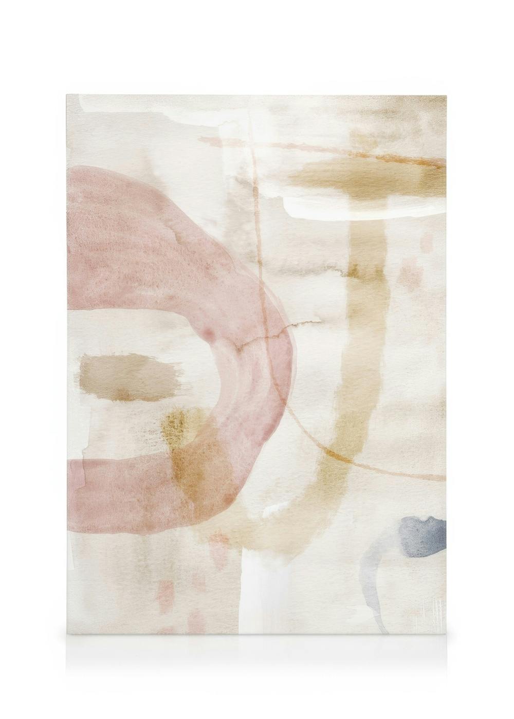 Soft abstract watercolor canvas print with pink, beige, gold, and blue organic shapes. Serene watercolor art.