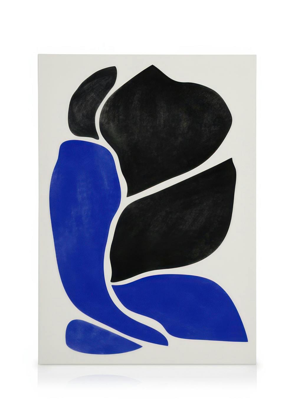 Black and blue organic shapes with white outlines on a canvas, resembling petals or abstract figures.