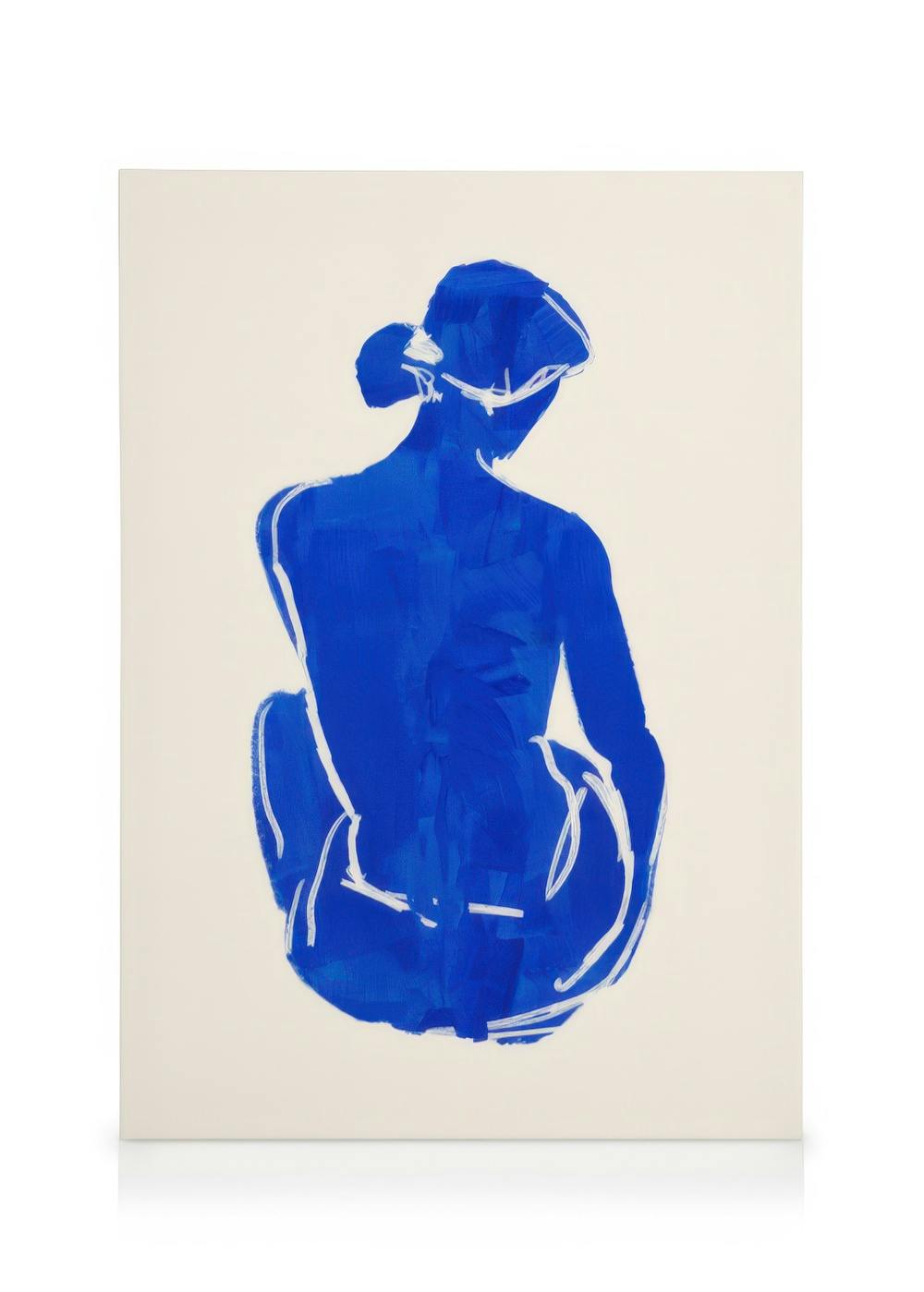 Modrý ženský portrét se zády k divákovi, bílé tahy štětcem, plátno