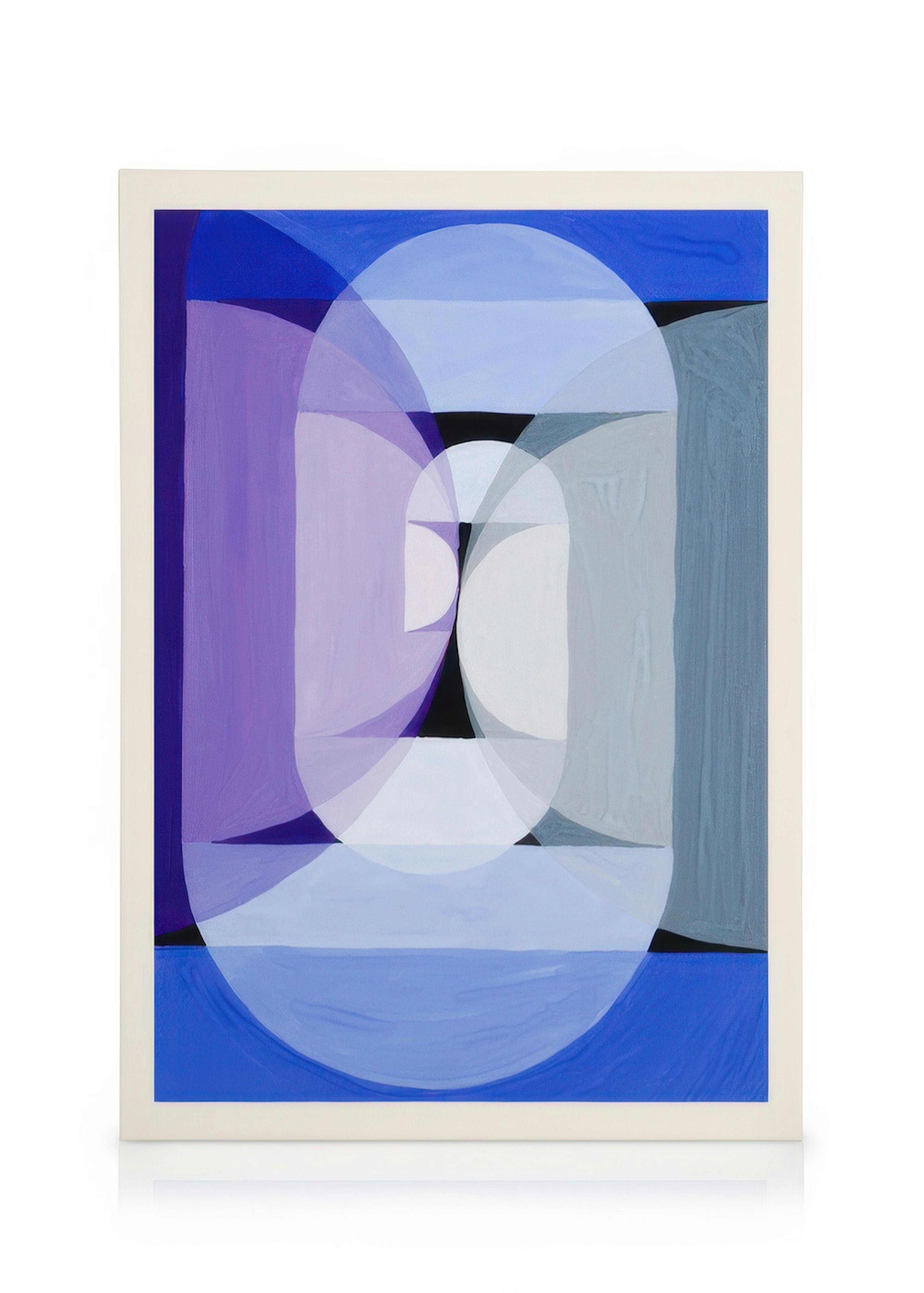 Abstract canvas print with blue, gray, and violet geometric shapes on a white background, modern art.