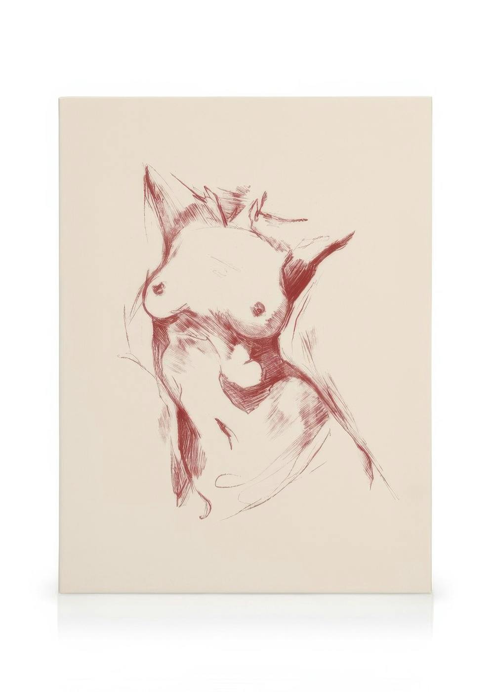Red line art sketch of a female torso on a light background. Body sketch canvas print.