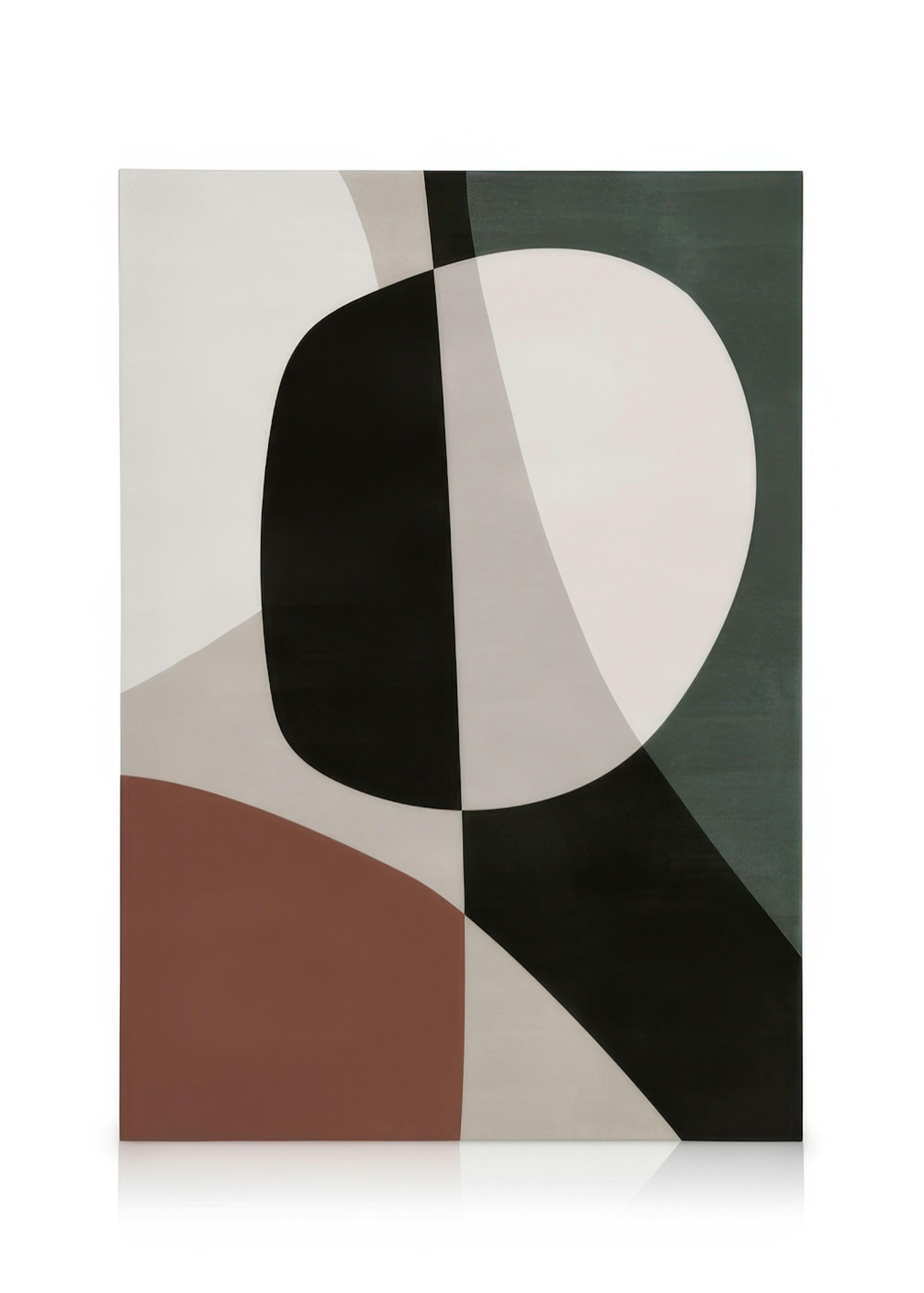 Moderne lerretsbilde med abstrakte former i svart, grønt, beige og brunt. Myke former skaper rolig stemning.