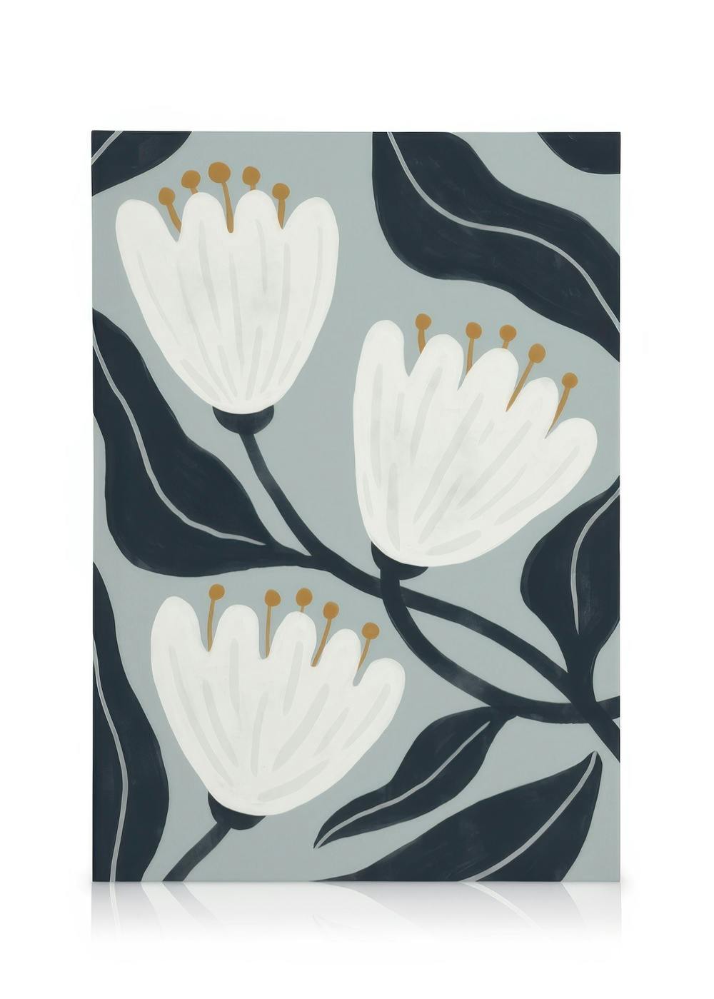 Floral canvas print with three white flowers, yellow centers, and dark leaves on a grey background.