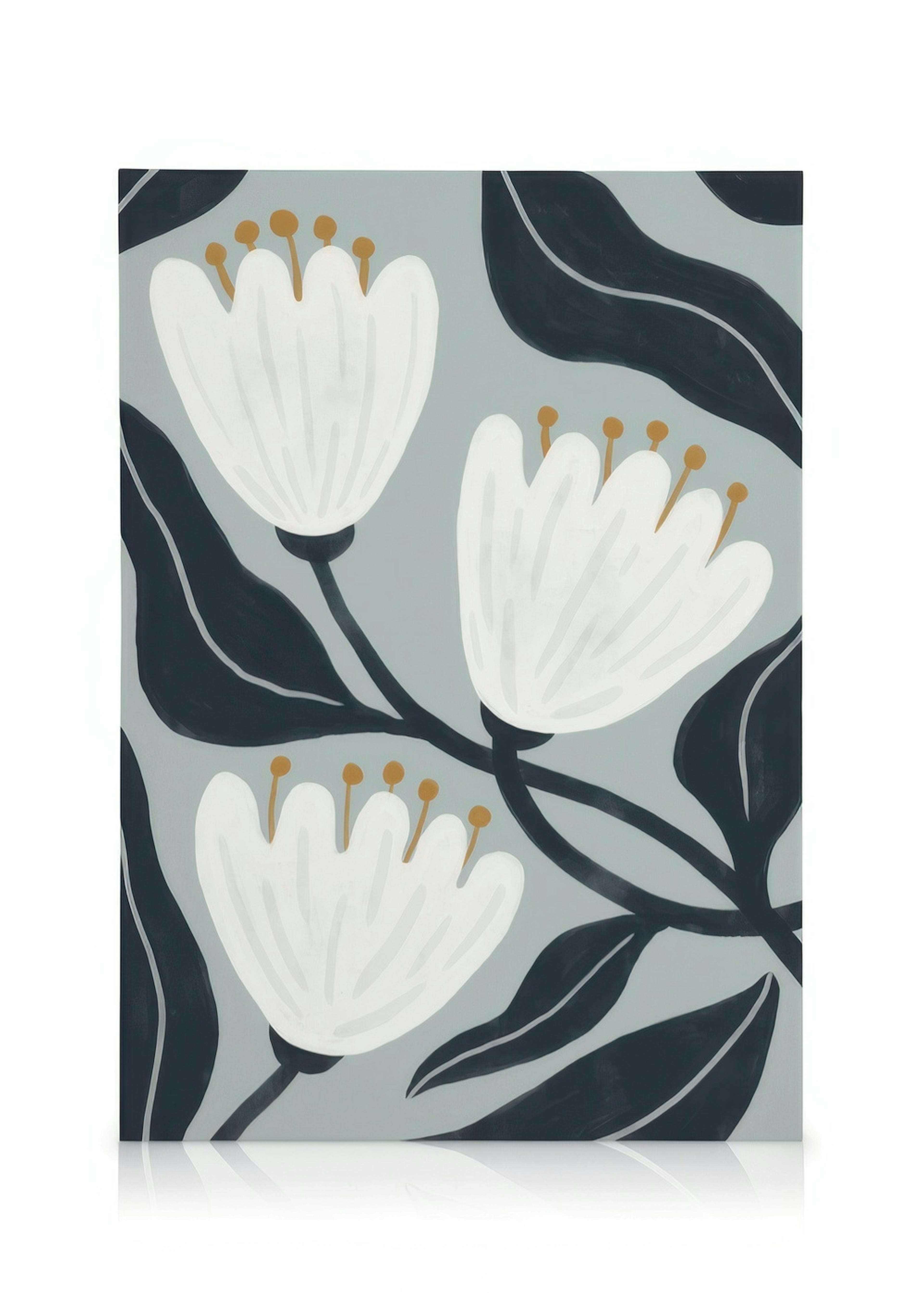 Toile de fleurs blanches stylisées avec des pétales arrondis et des tiges noires sur fond gris. Illustration florale moderne.