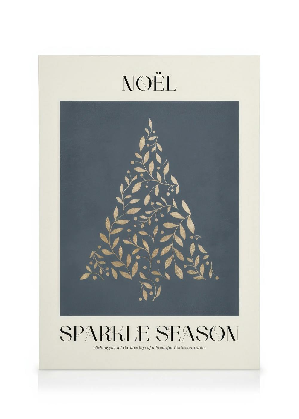 Golden tree canvas print, Christmas art with gold leaves forming a tree on a navy background, featuring Noël and Sparkle Season