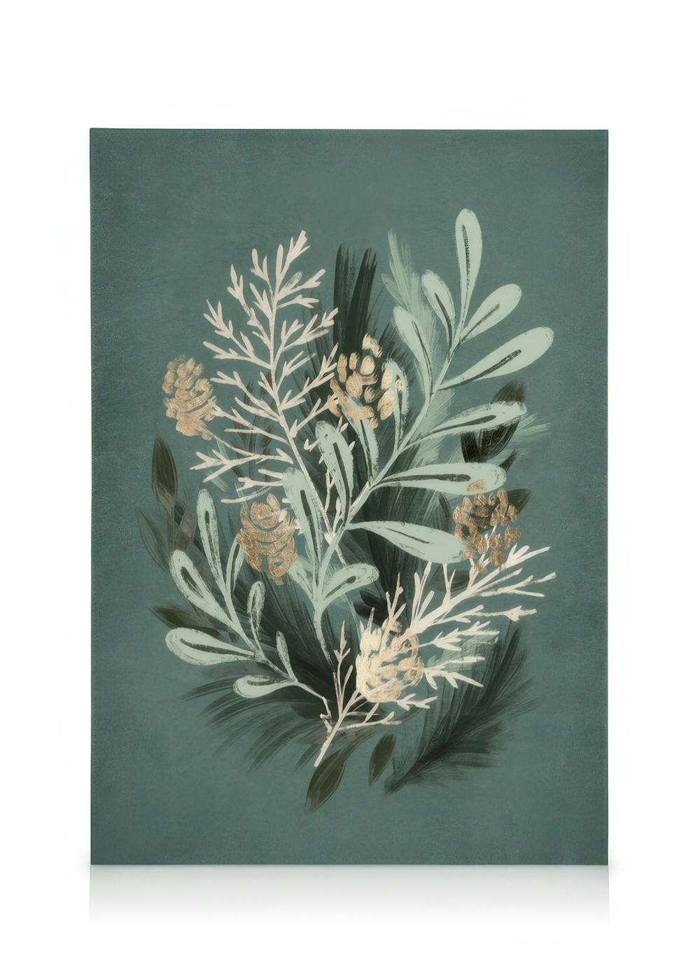 Toile botanique verte, pommes de pin et feuilles dorées sur fond vert foncé, typographie artistique