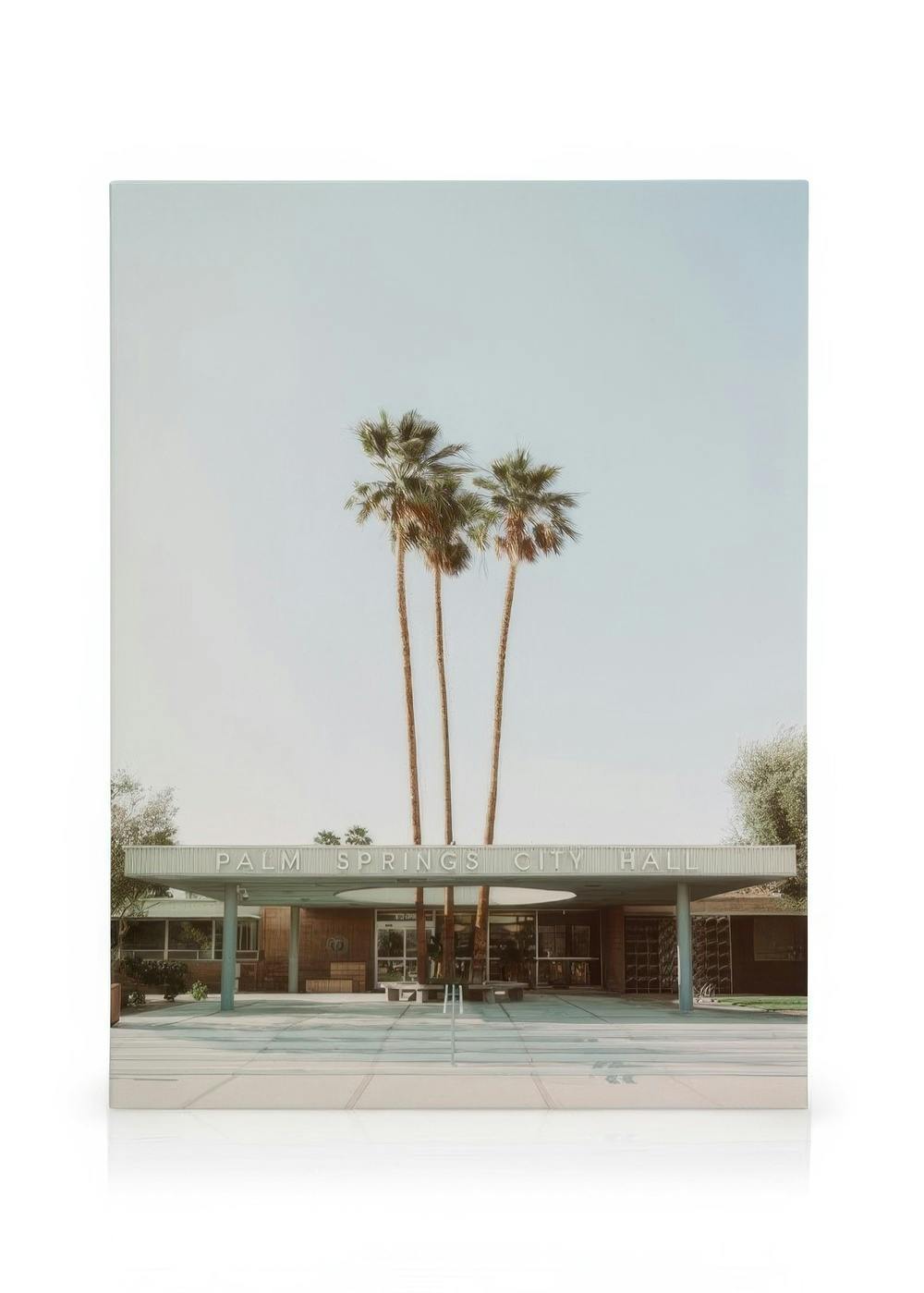 Palm Springs City Hall canvas with three palm trees in front of the building under a clear sky.