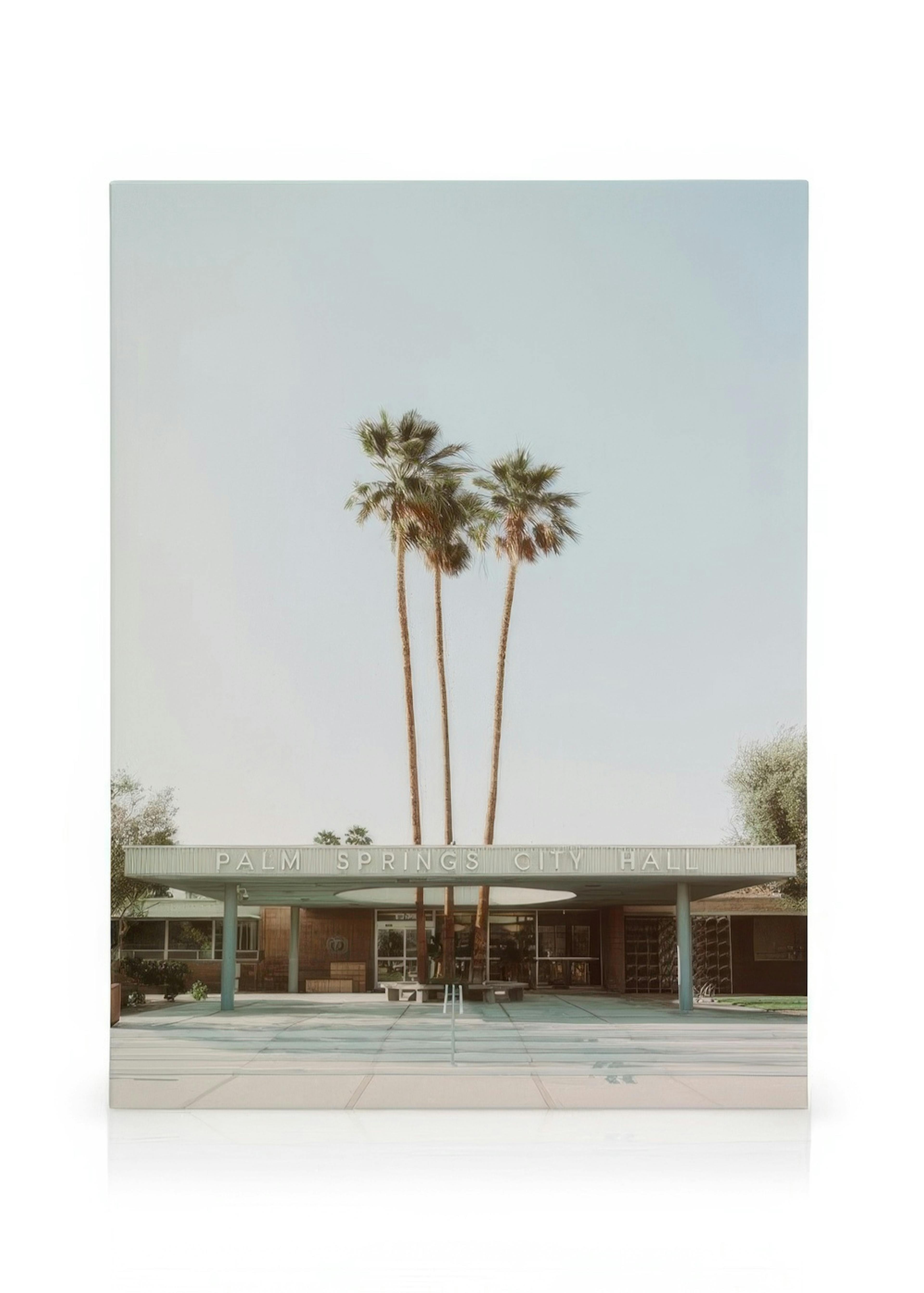Stampa su tela vintage Palm Springs City Hall con tre palme, colori sbiaditi e aspetto granuloso.