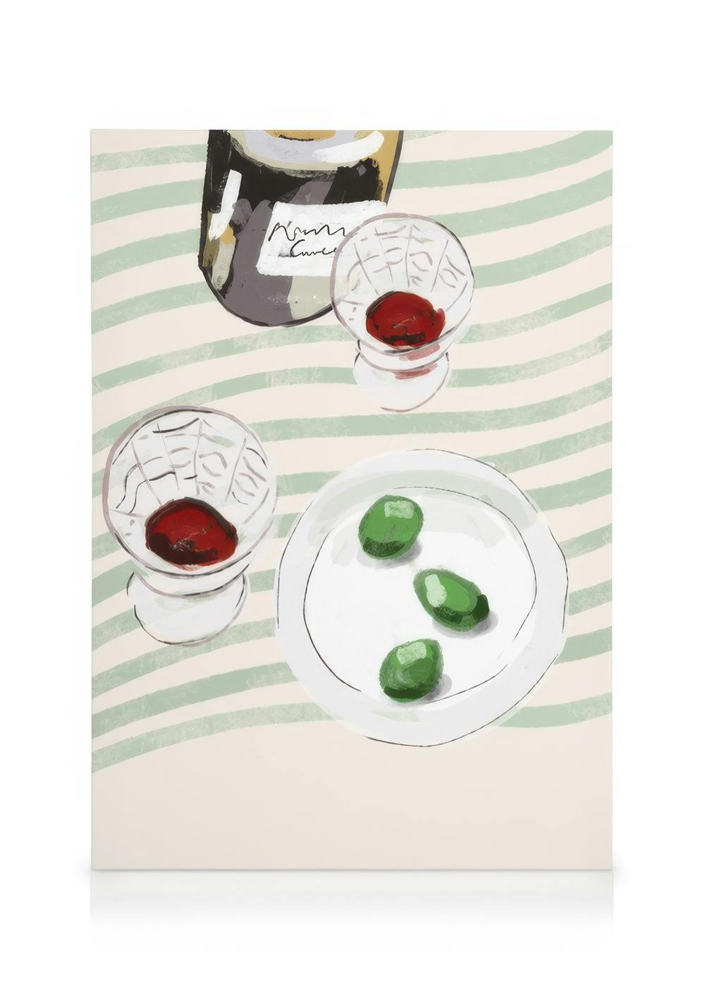 Canvas print met artistieke weergave van een fles wijn, twee wijnglazen en een bord met olijven op een gestreepte achtergrond.