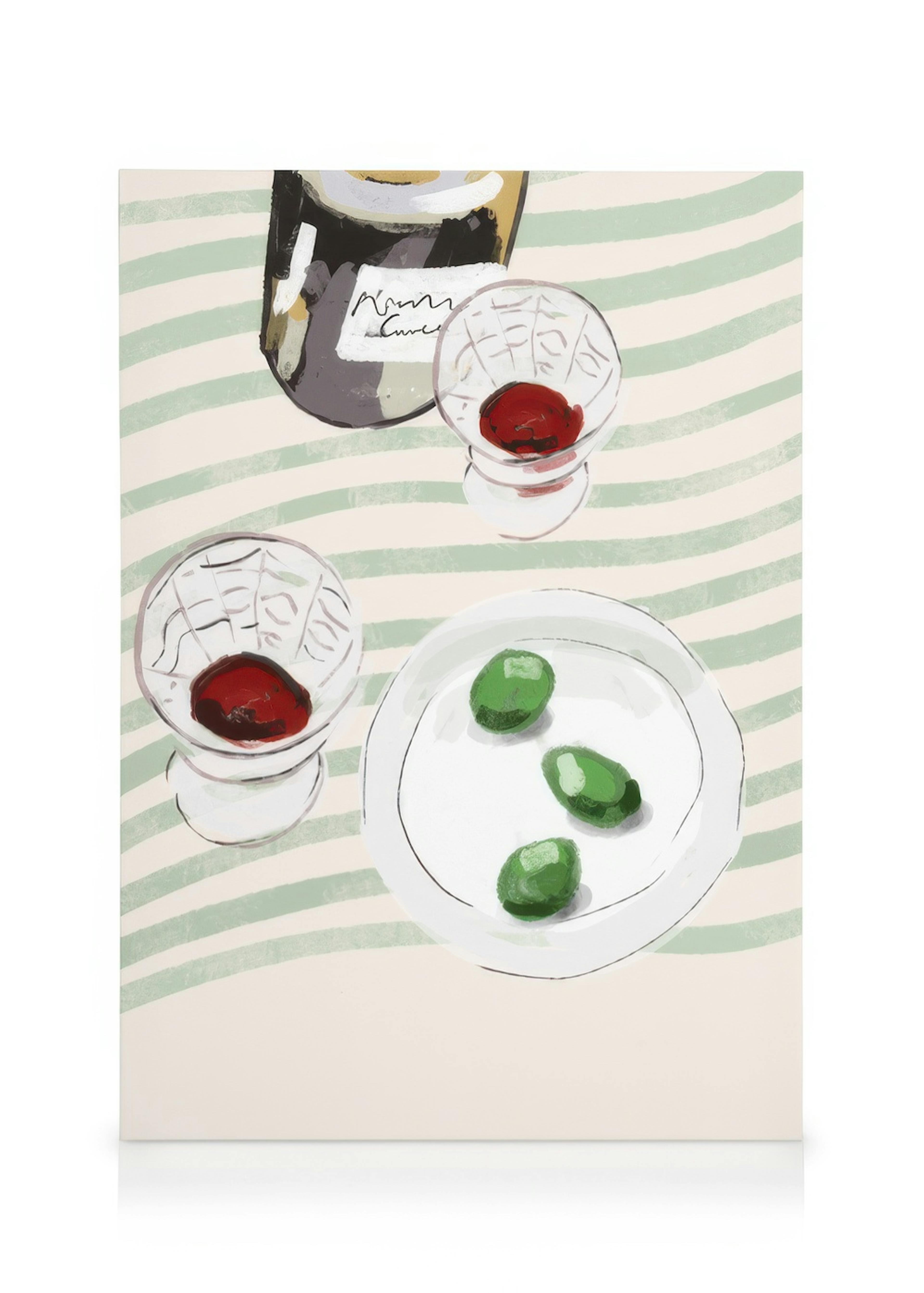 A canvas print artwork depicting two glasses of red wine and a plate of olives on a green striped background, hanging in a moder