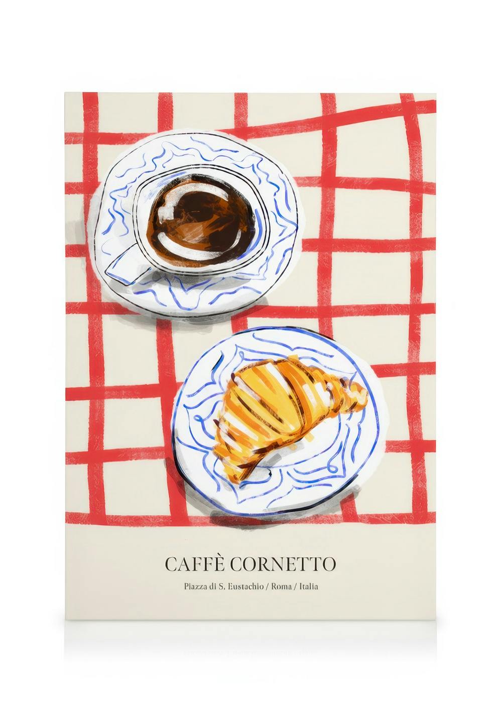 Toile italienne, tasse de café et croissant sur nappe à carreaux rouges et blancs, typographie Caffè Cornetto.