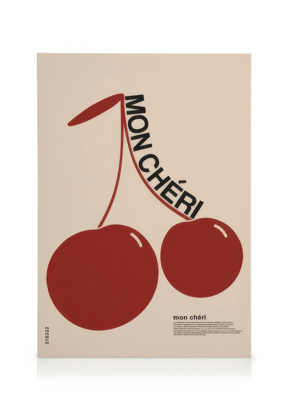 Leinwandbild Mon Cheri, minimalistische rote Kirschen auf hellem Hintergrund mit MON CHÉRI Text