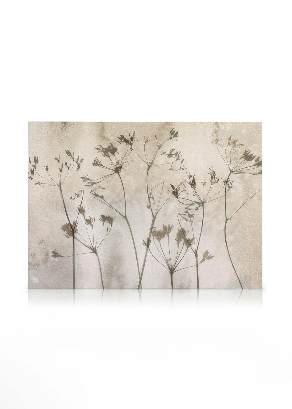 Lærred med tørrede blomster i jordfarver, naturkunst til boligindretning