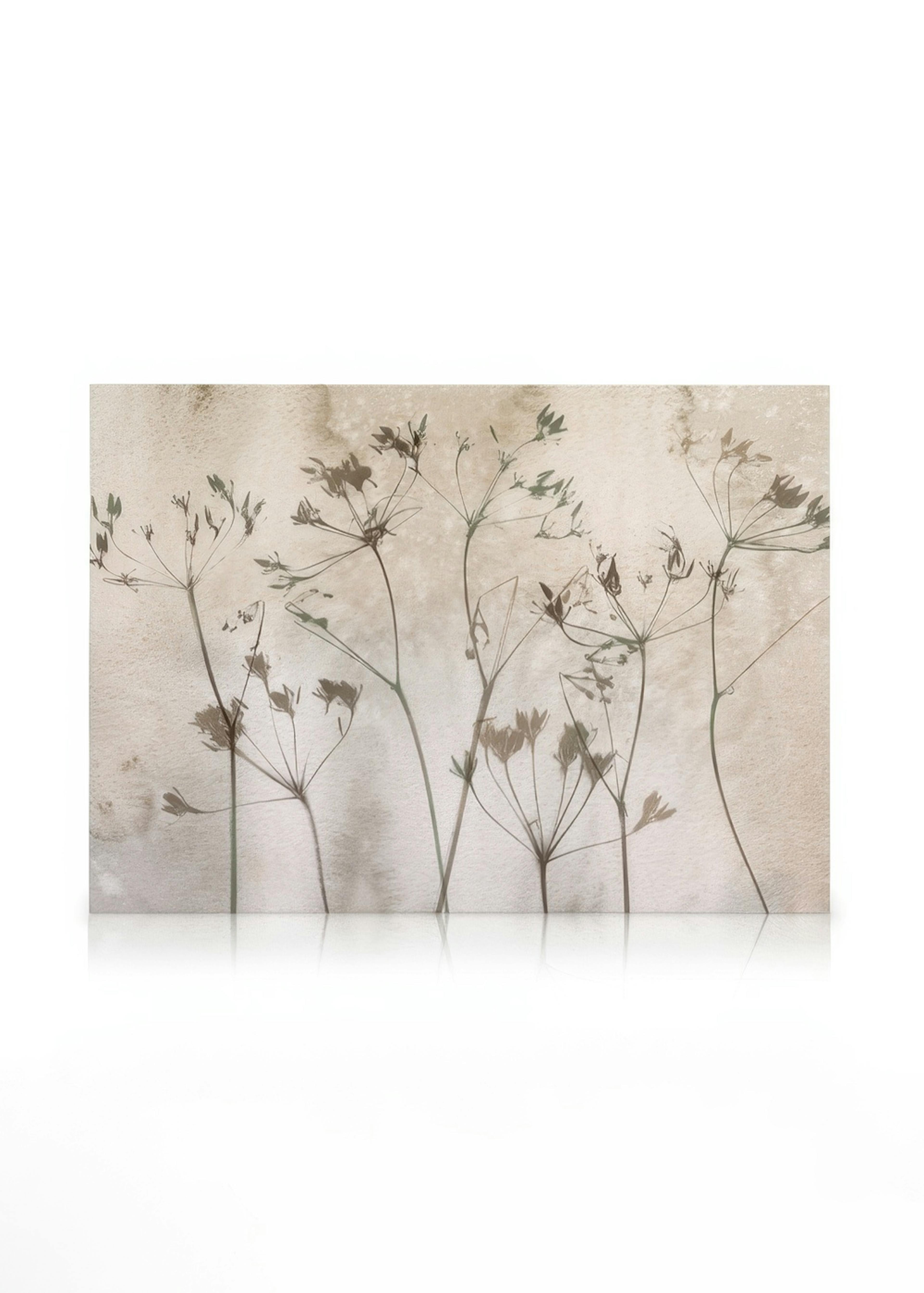 Lærred med tørrede blomster i jordfarver, naturkunst til boligindretning