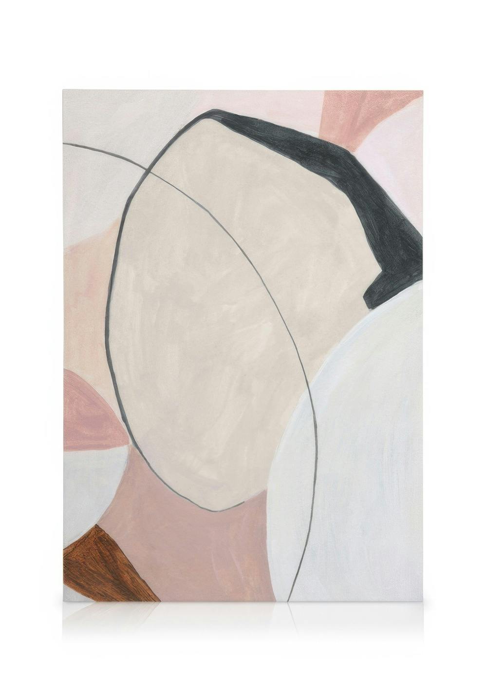 Dusty pink abstract canvas print with organic shapes and dark grey lines, neutral tones.