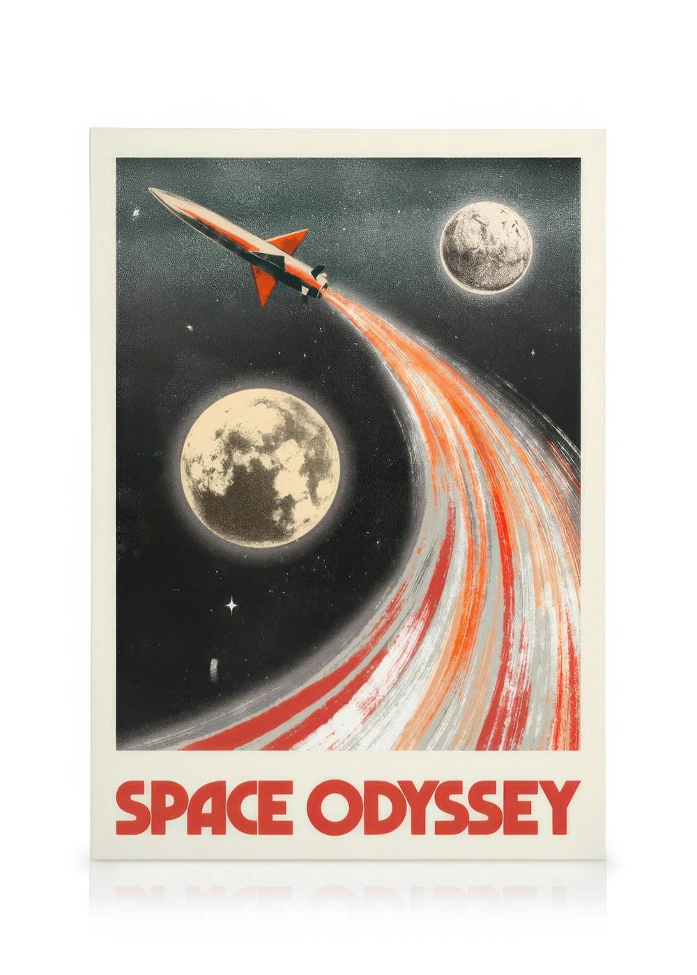 Stampa su tela Space Odyssey con razzo rosso e bianco, lune e stelle su sfondo nero