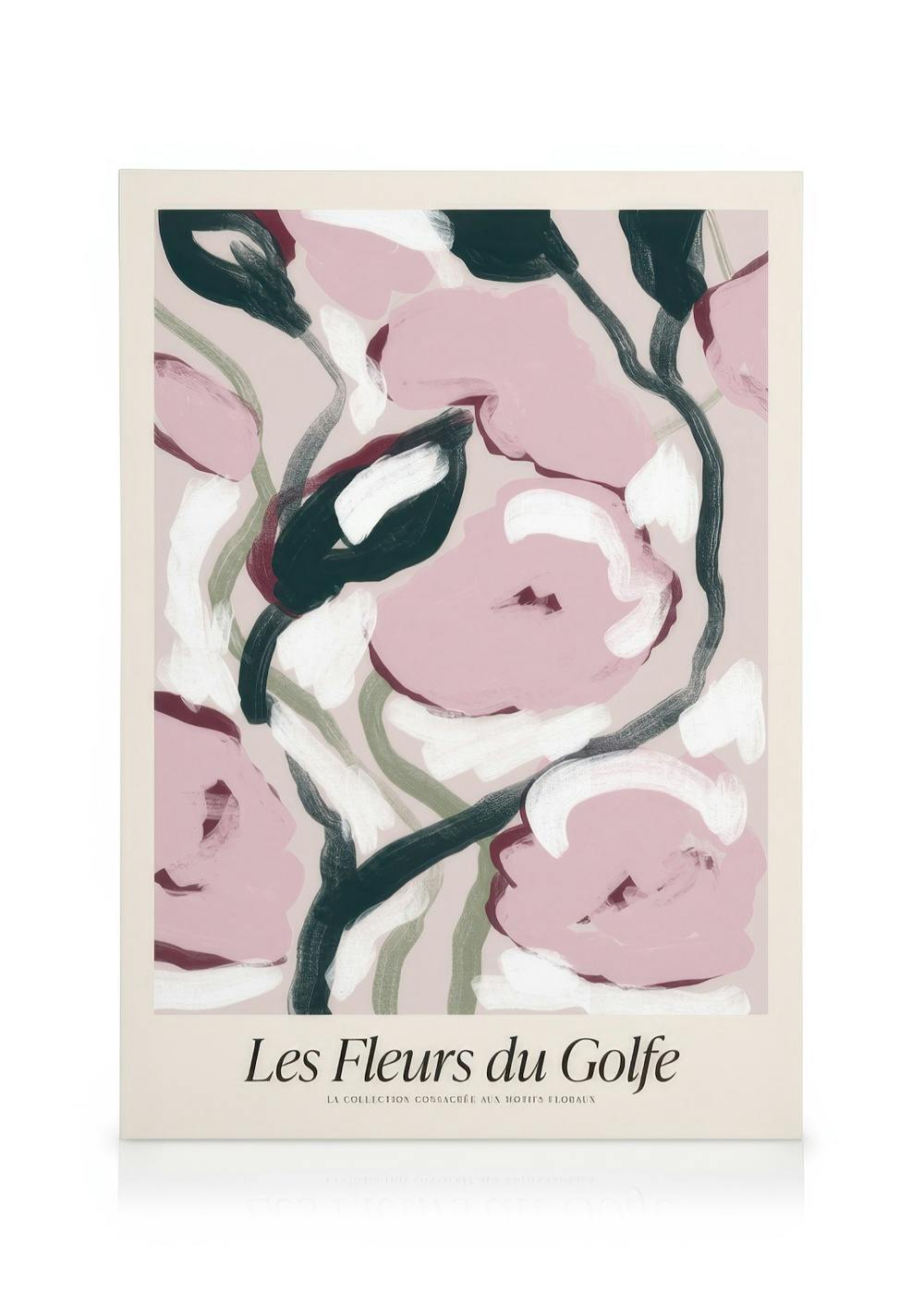 Abstract floral canvas print with loose, painterly pink flowers, green stems, and Les Fleurs Du Golfe text.