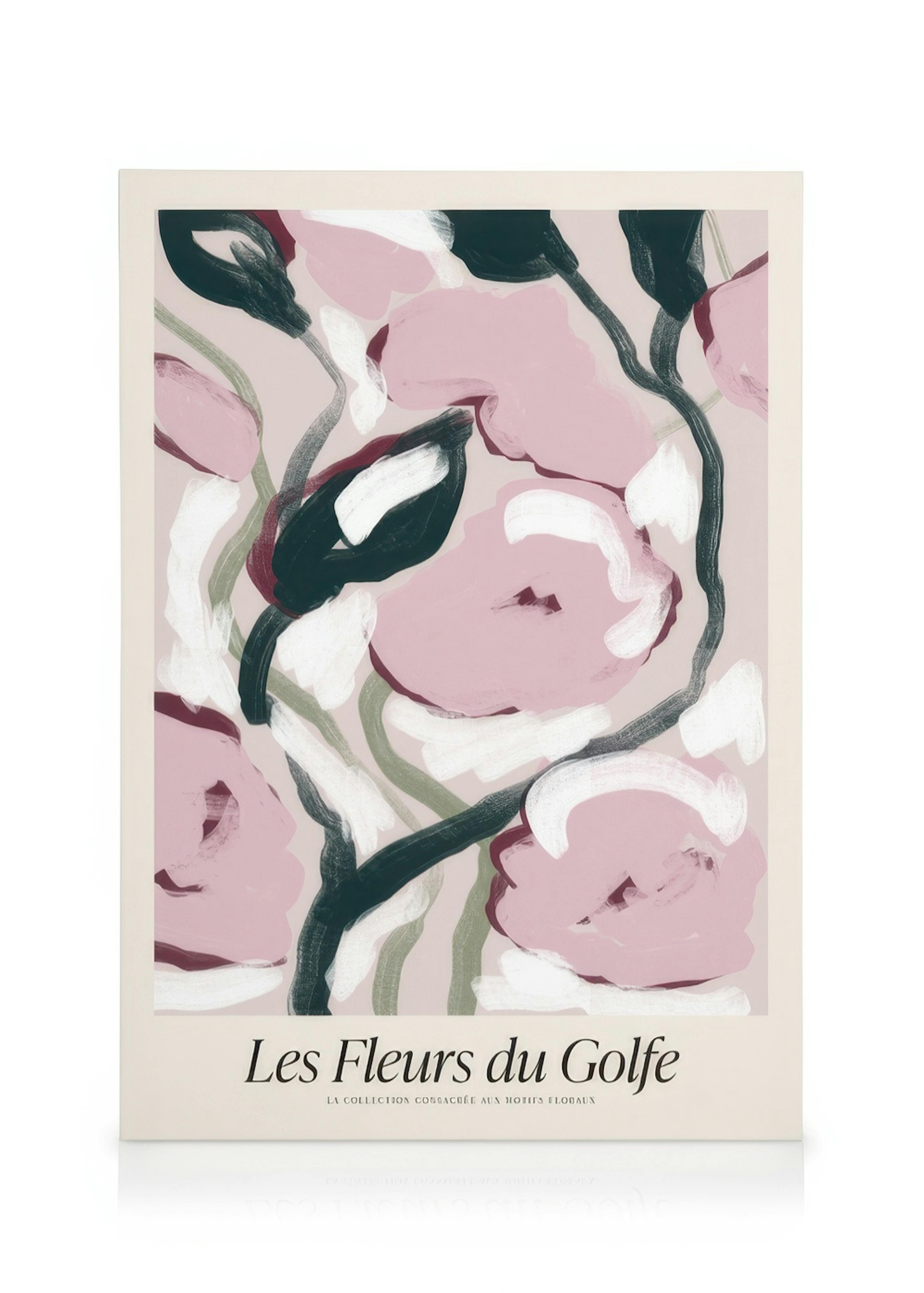 Abstract floral canvas print with loose, painterly pink flowers, green stems, and Les Fleurs Du Golfe text.