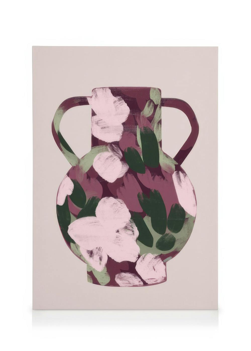 Toile floral dun vase brun avec des fleurs blanches et des feuilles vertes, coups de pinceau doux, tableau salon contemporain