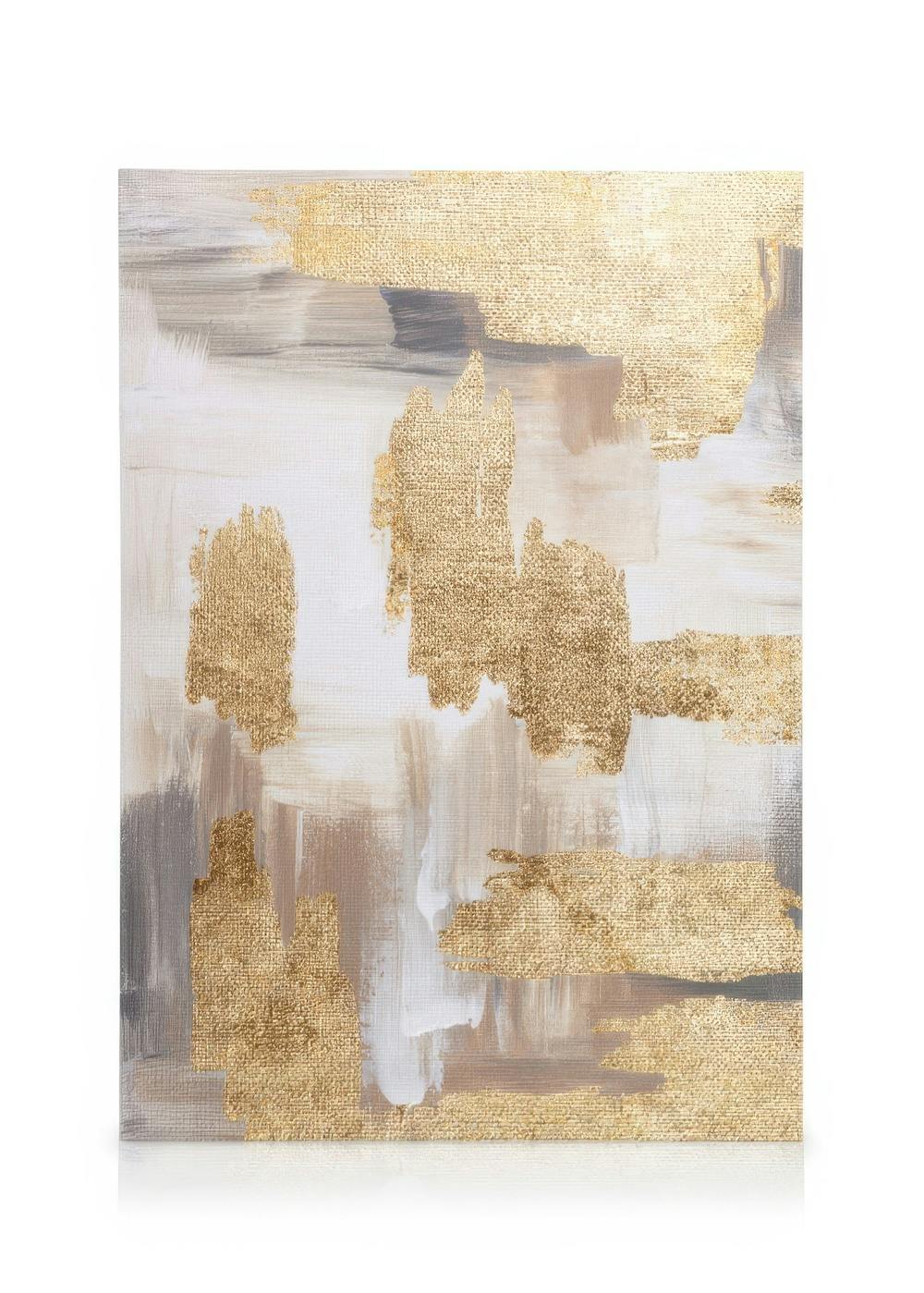 Lienzo abstracto con pinceladas doradas, blancas y grises, creando un diseño moderno y elegante para decoración de pared.