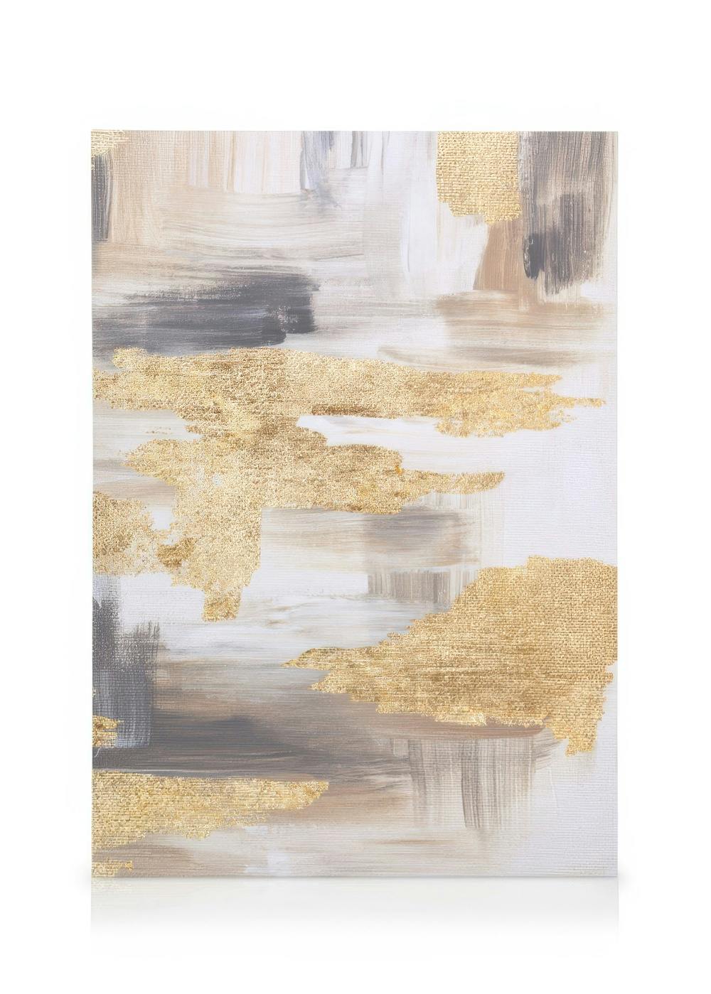 Lienzo abstracto con pinceladas doradas brillantes y capas de pintura blanca, gris y beige, creando una composición vertical din