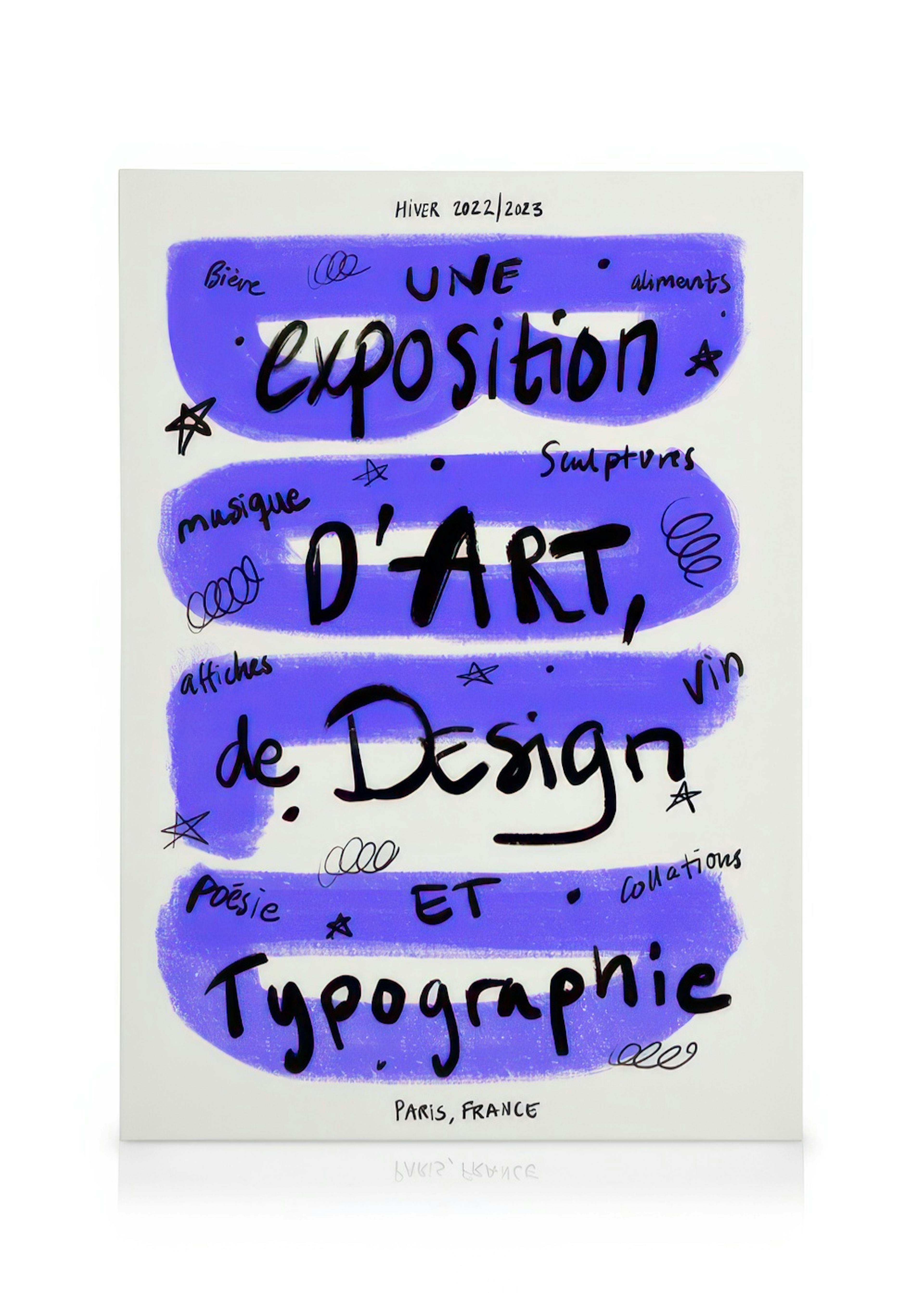 Obraz na plátně s fialovými pruhy a černým nápisem Typography, Art, Design