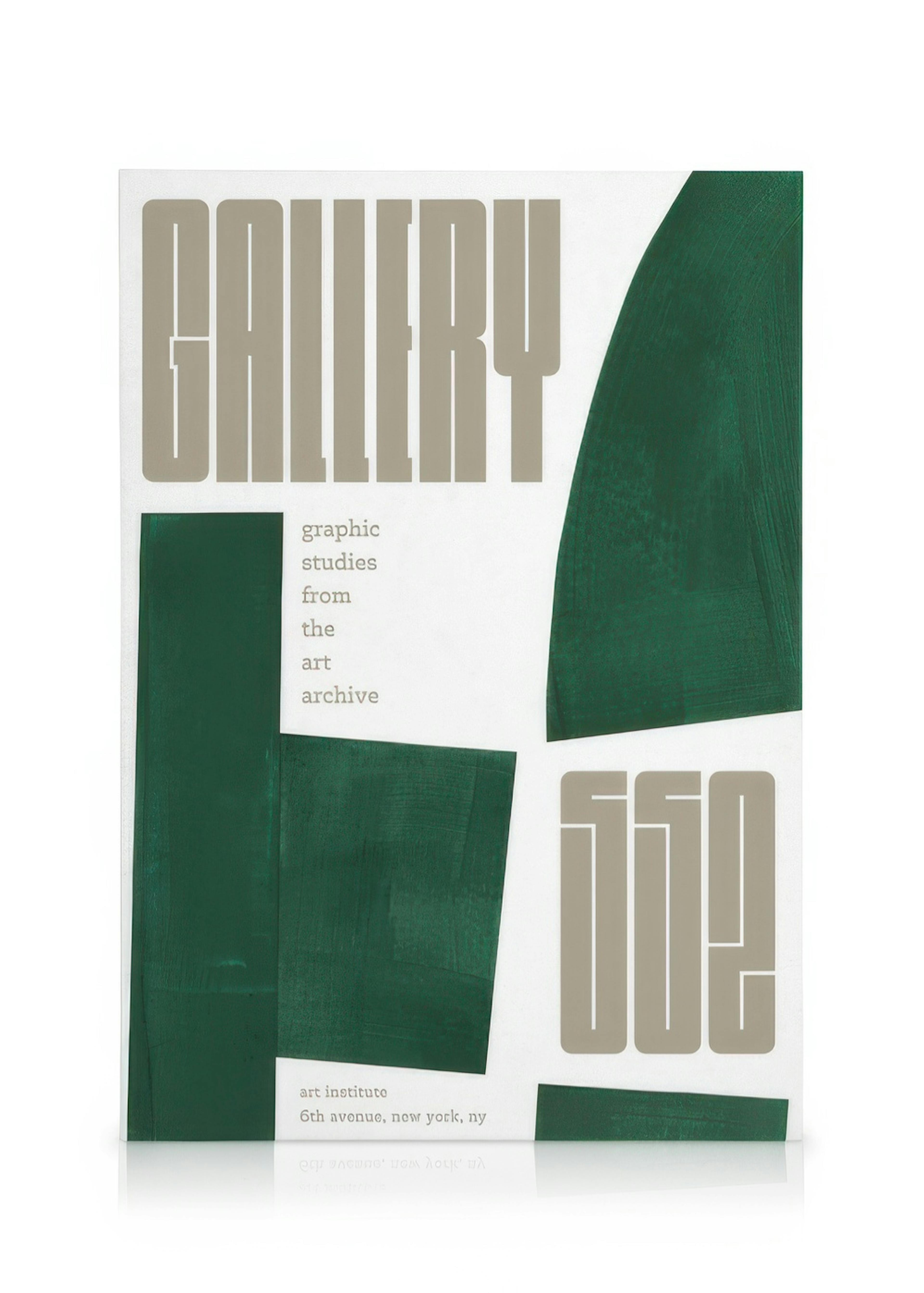 Vit canvas med texten GALLERY och 552 i beige. Gröna, abstrakta former och texten graphic studies from the art archive och art i