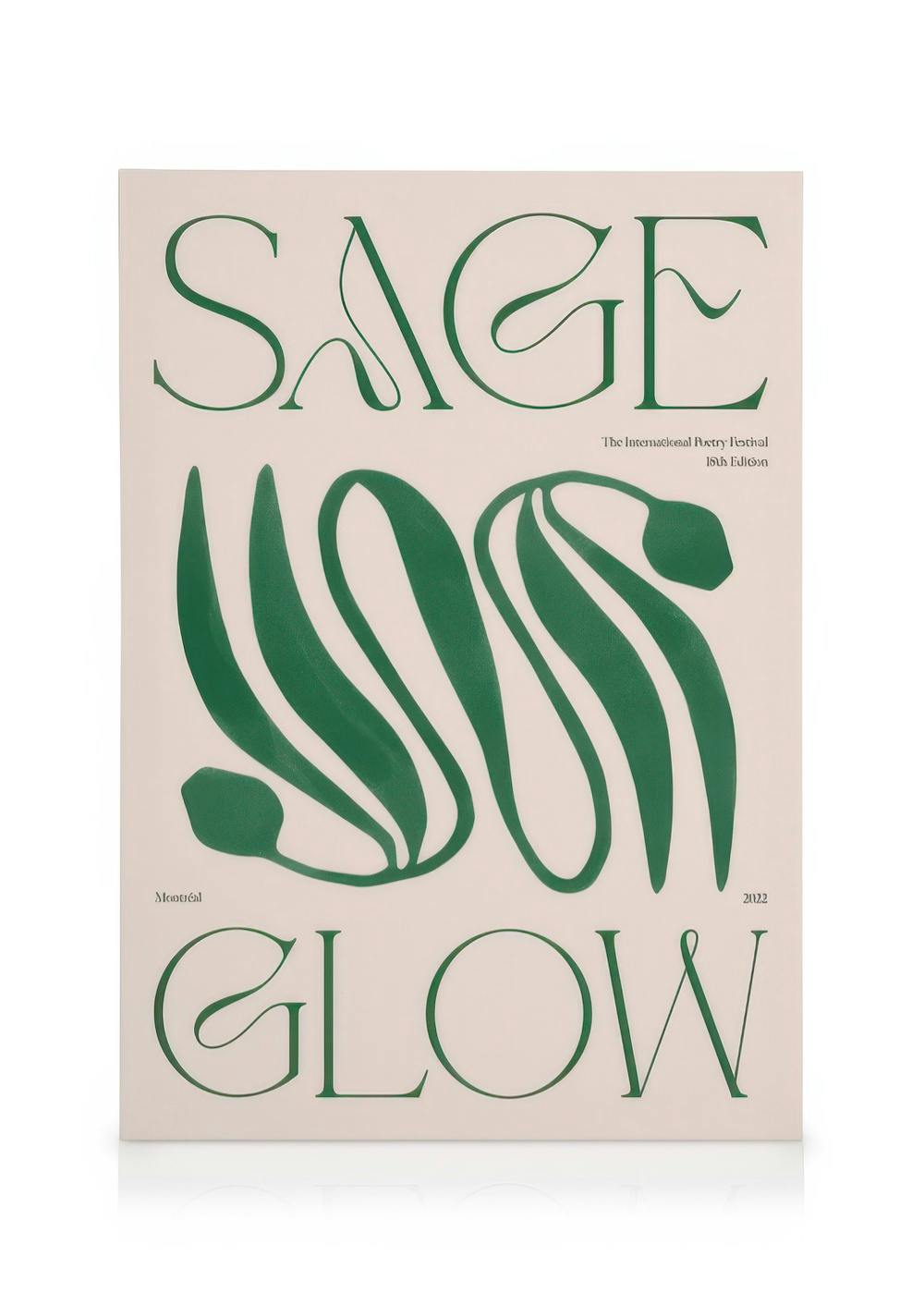 Sage Glow canvas met abstracte groene en roze vormen, de woorden Sage en Glow voor een poëziefestival.