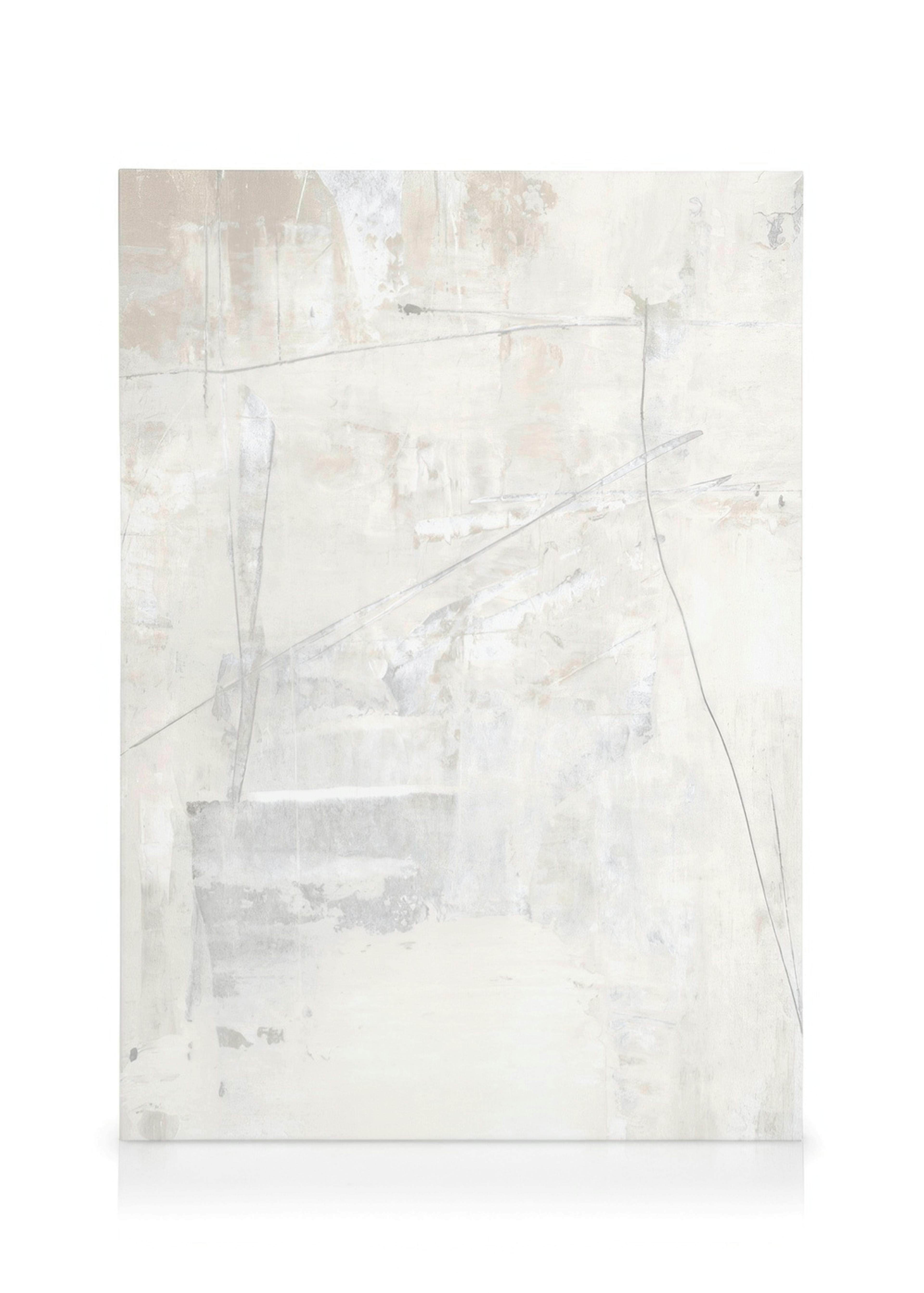 Toile abstraite tons blanc, gris, marron clair avec lignes sombres et fines, texture coups de pinceau